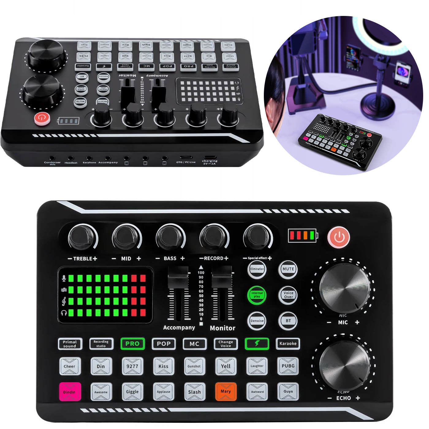 Zvuková karta F998 Streaming Bluetooth Mnoho efektů 1200 mAh