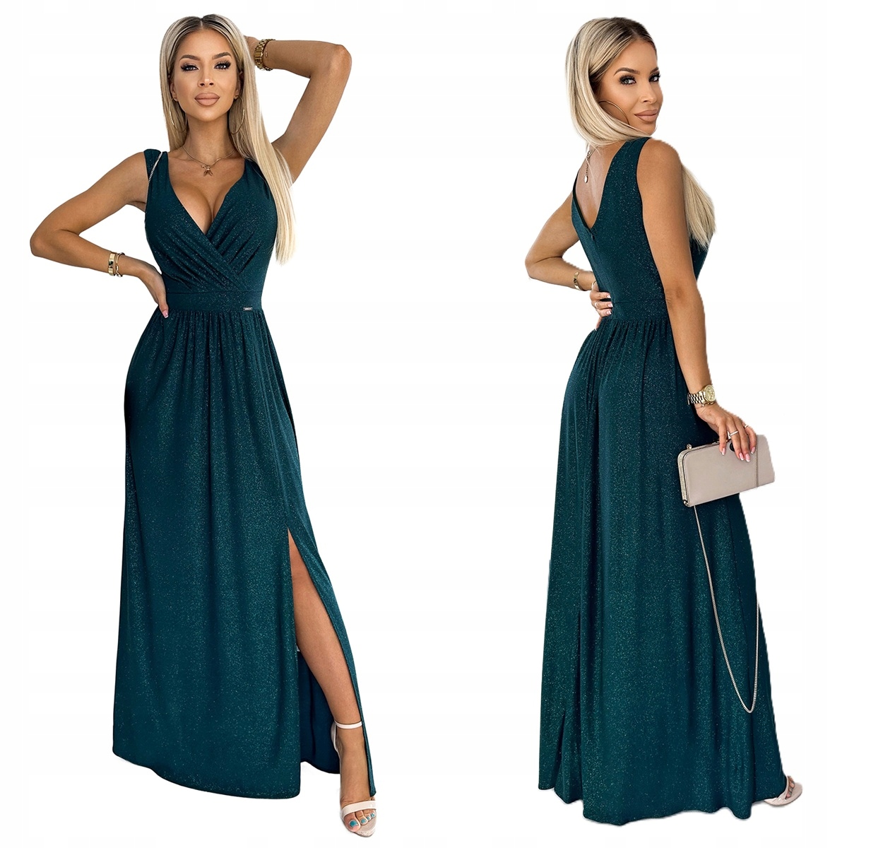 Exkluzivní Dlouhé Šaty Na Oslavu Lahvově Zelená Barva Brokát XXL