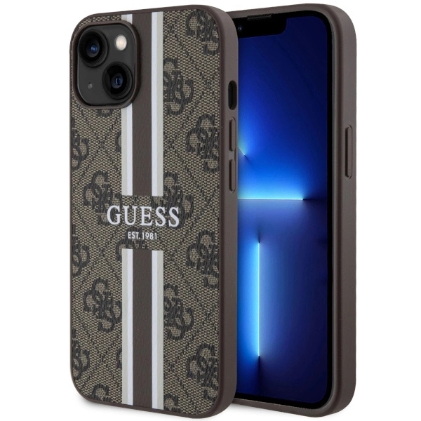 Etui Guess 4G Printed Stripes MagSafe na iPhone 14 brązowe