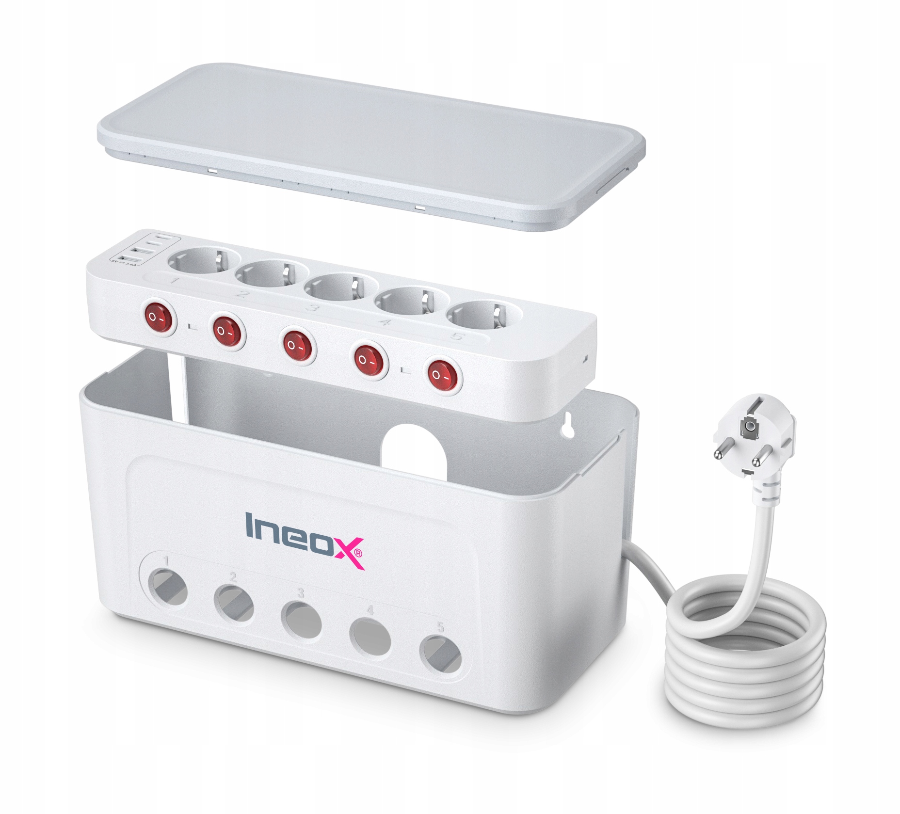 Zásuvková Lišta Organizér na kabely 5x Ac 4x Usb Ineox VOC-1W bílý