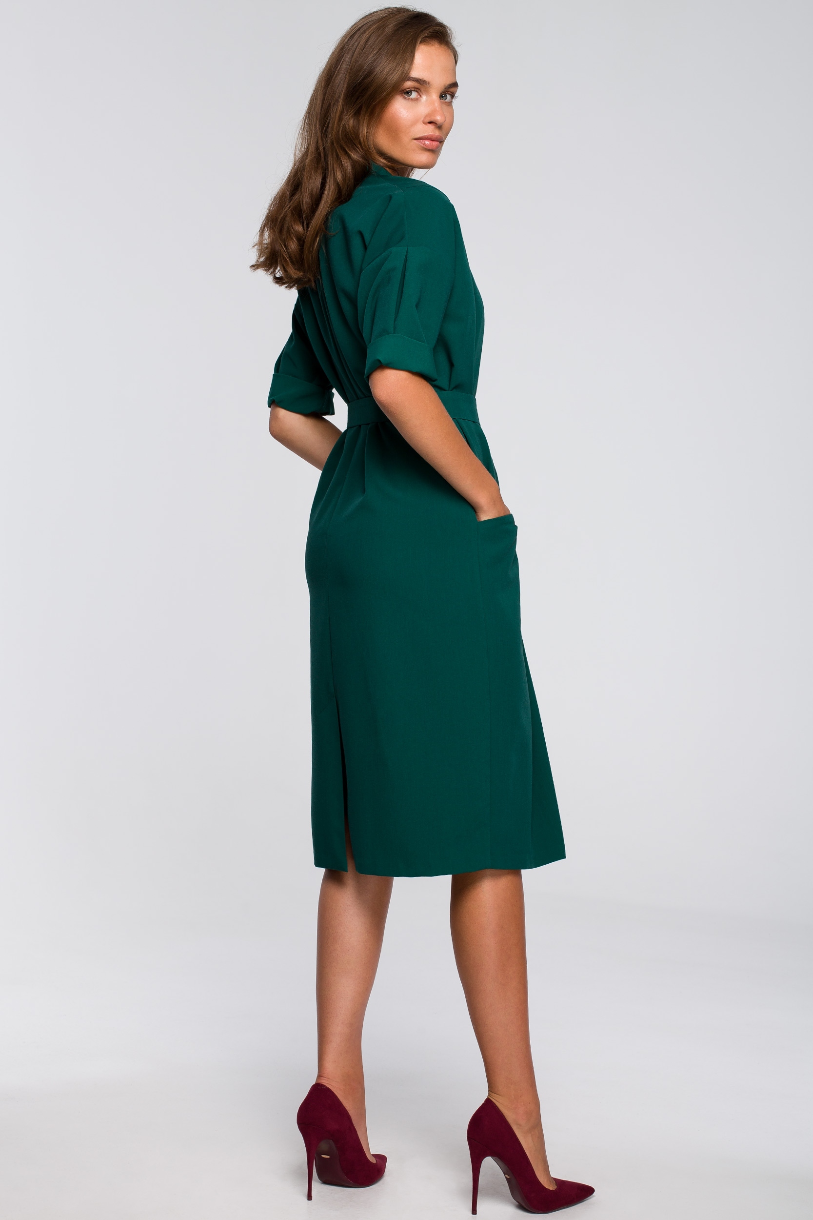 ELEGANCKA DAMSKA KOBIECA SUKIENKA Z KOŁNIERZEM KIESZENIE ZIELONA 36 S Rozmiar S
