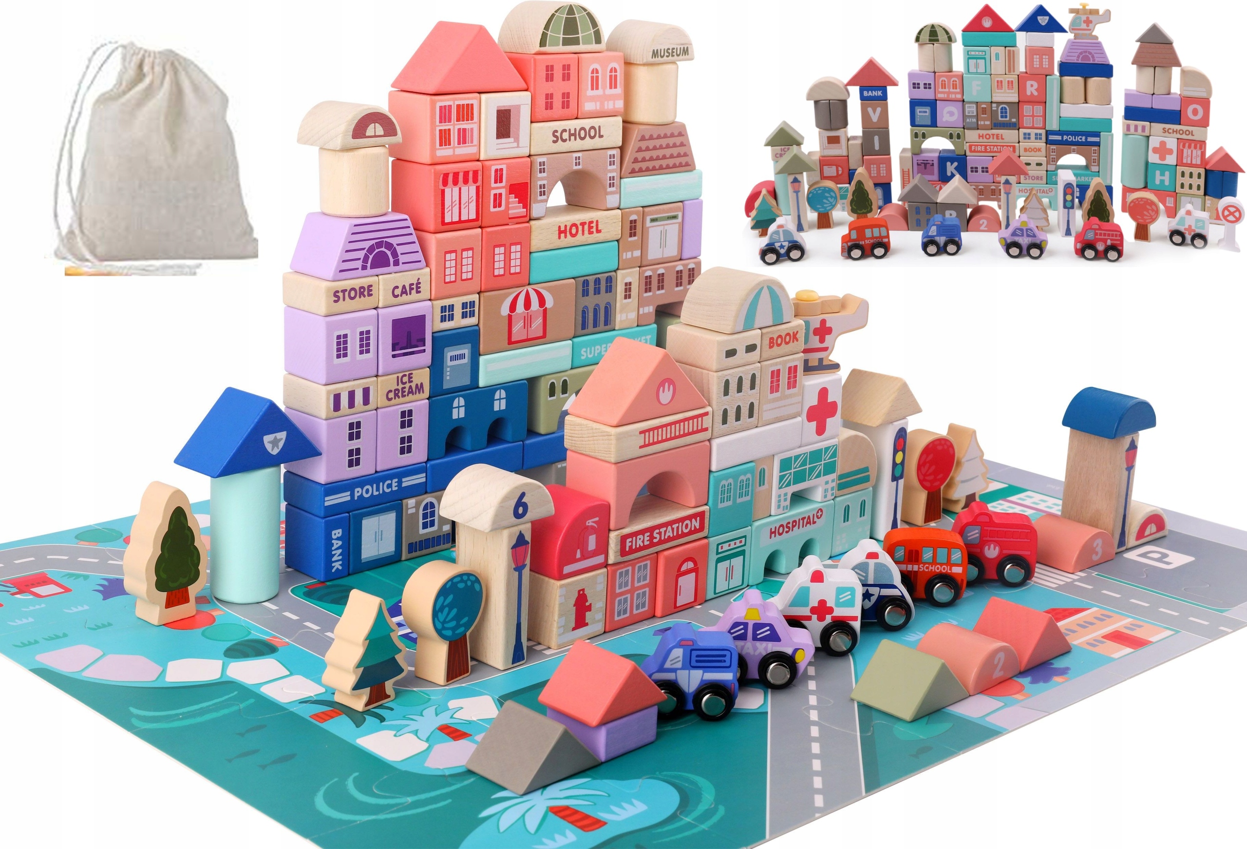 KOLOROWE DREWNIANE KLOCKI ZESTAW MIASTO 115 eleme.
