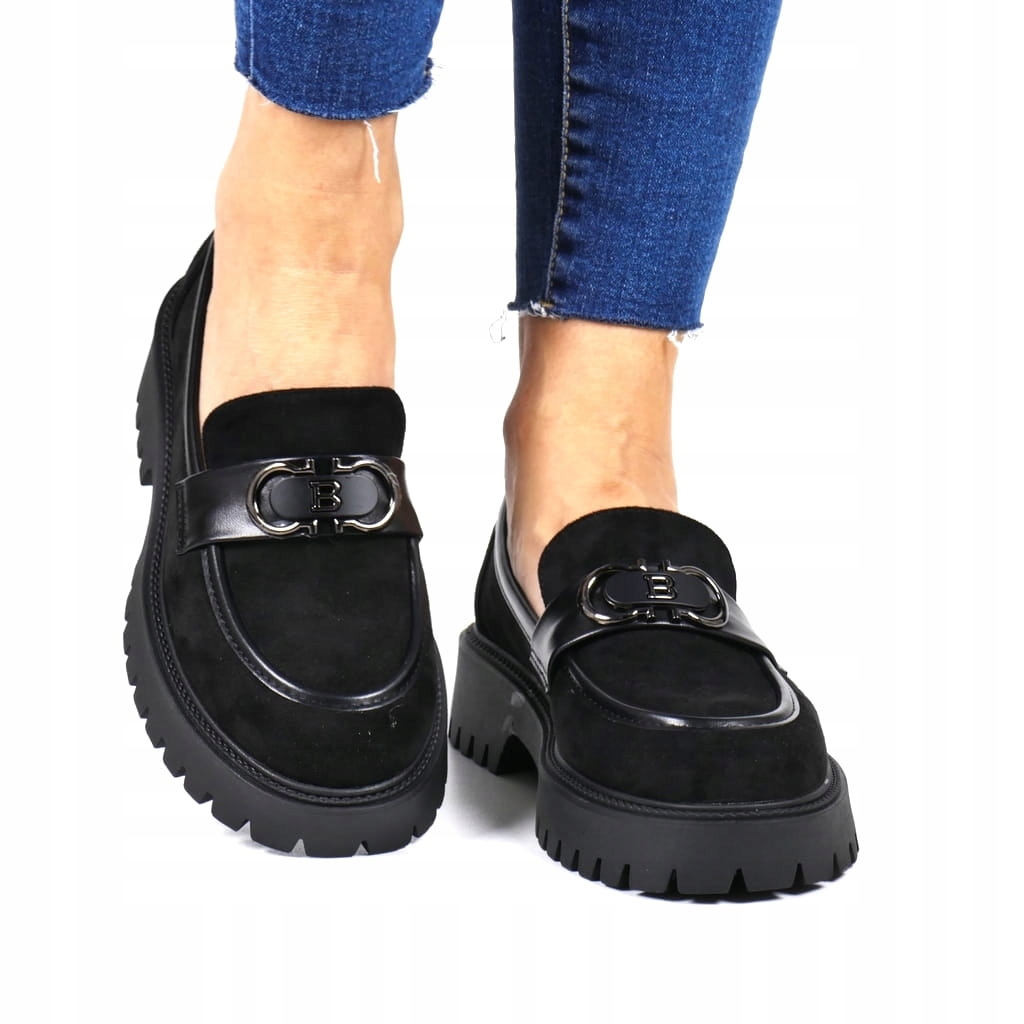 Dámské Mokasíny Na Silné Podrážce, Černé Semišové Polobotky