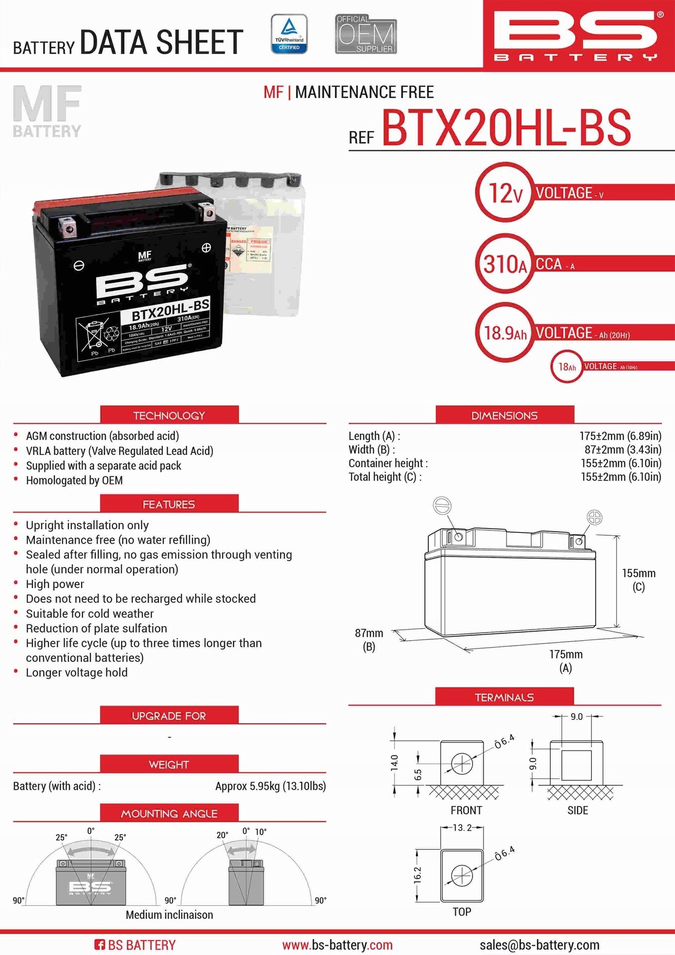 Bs Batéria BTX20HL-BS (YTX20HL-BS) 175X87X155 Bezobsluhový Elektrolyt