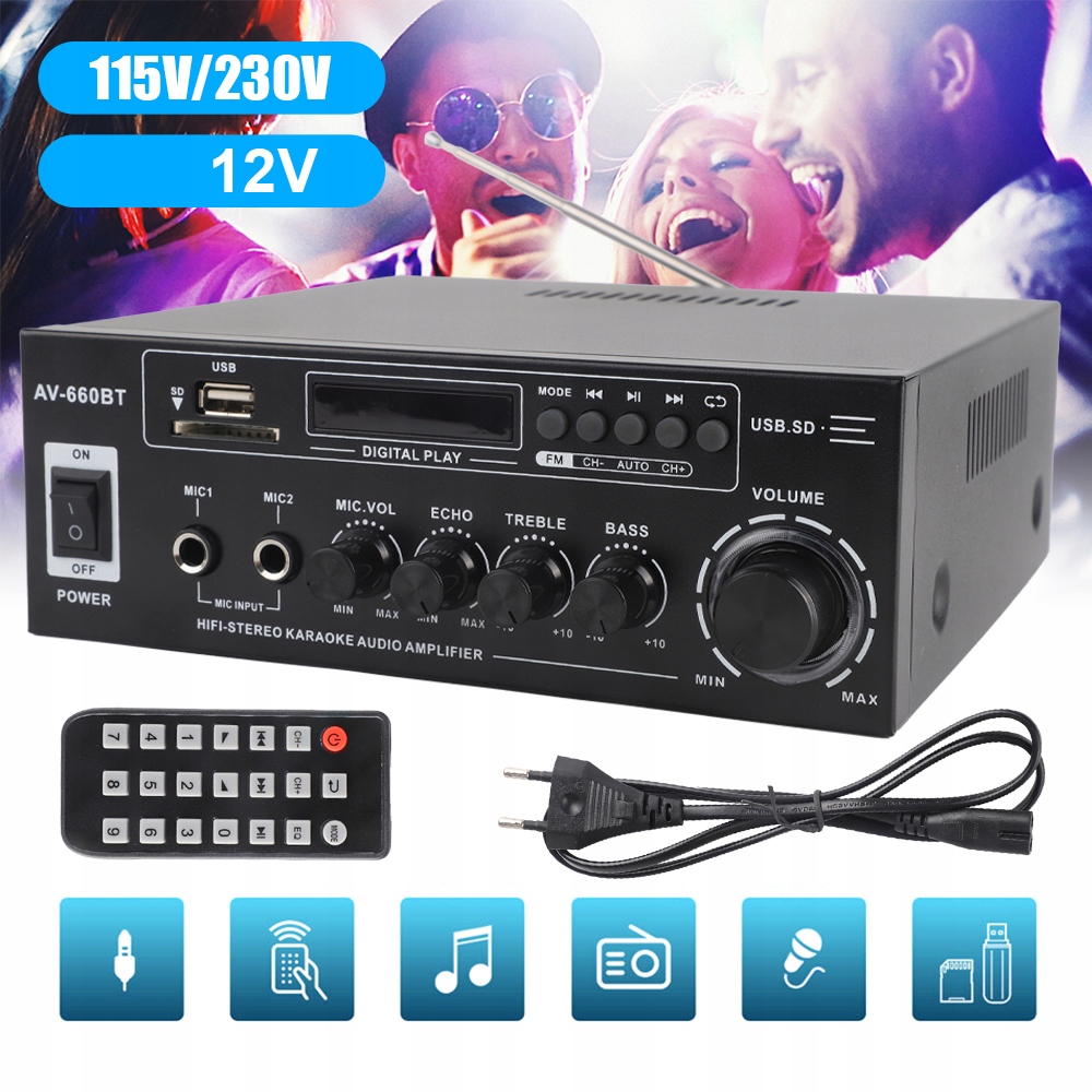 WZMACNIACZ STEREO HIFI KANAŁ 2.0 BLUETOOTH 5.0 Z ANTENĄ Z RADIO FM 40W Model Sound Power Amplifier