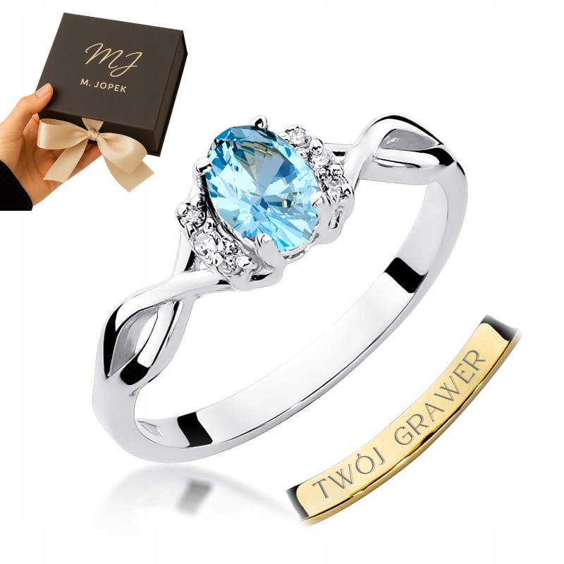 Prstýnek Z Bílého Zlata 585 S Topazem A Gravírování Diamanty 0,50 Kara