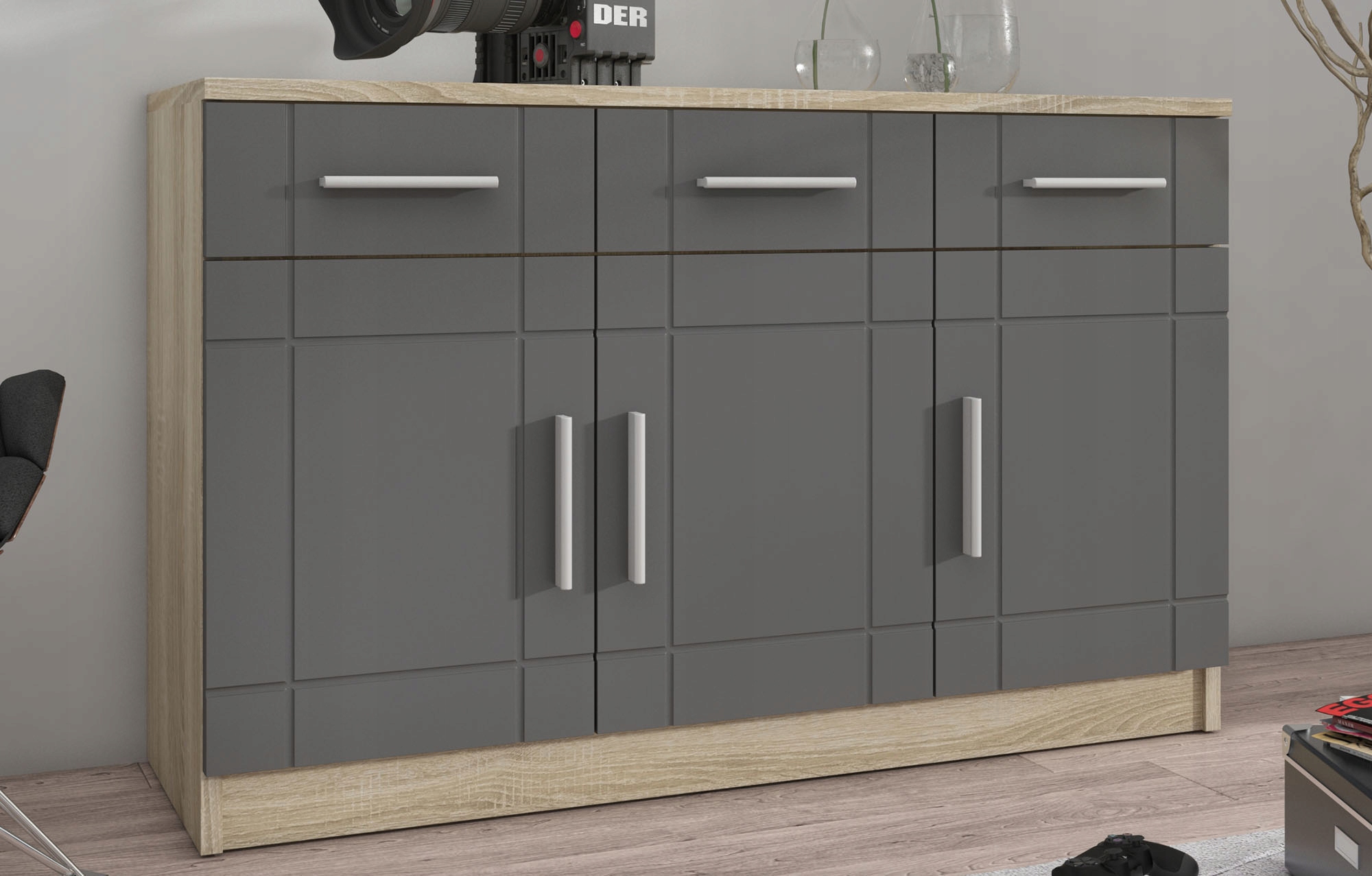 Krásná Velká Zásuvková Komoda S 3 Skříňkami Paris Grafit