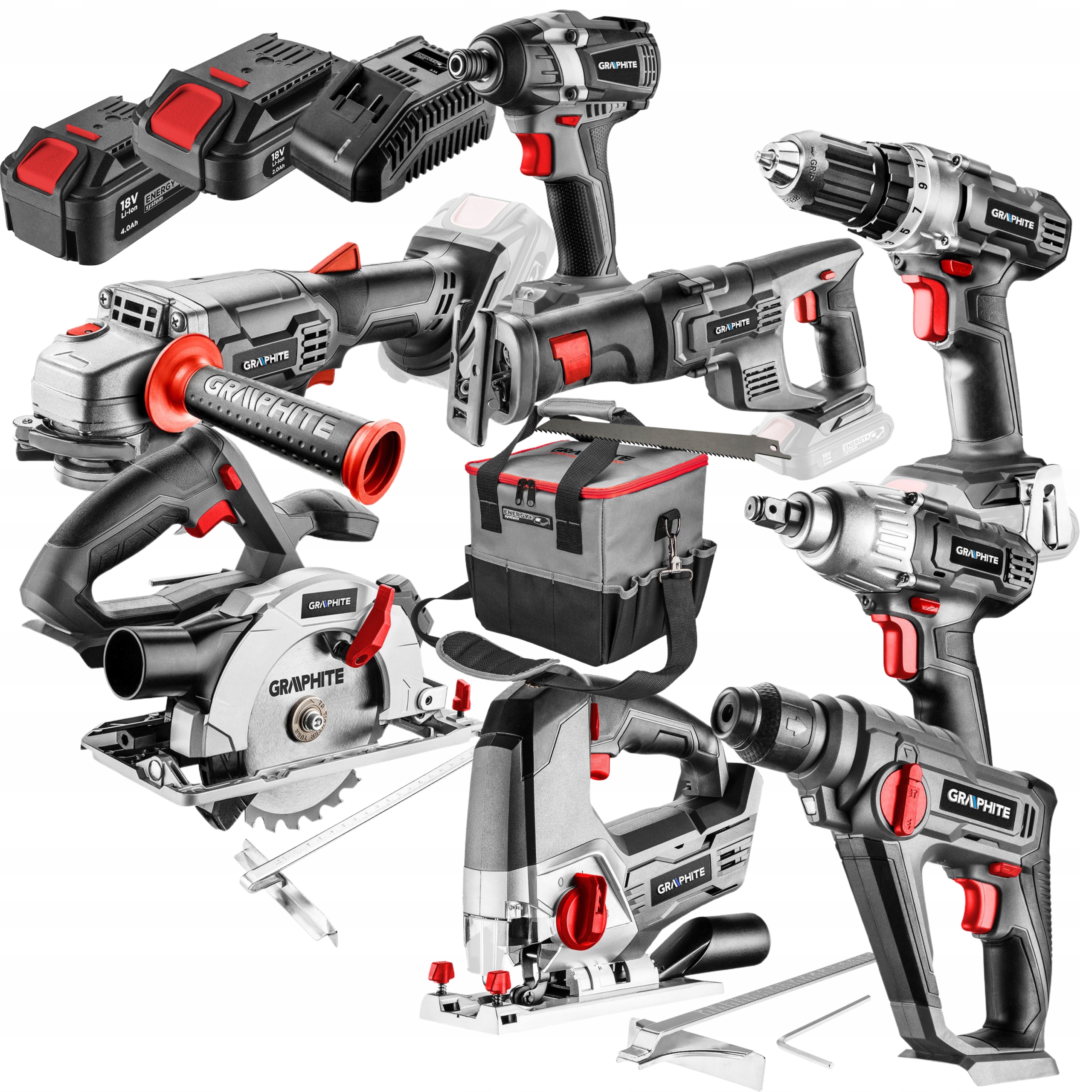 ZESTAW ELEKTRONARZEDZI 18V 2Ah 4Ah GRAPHITE 12el