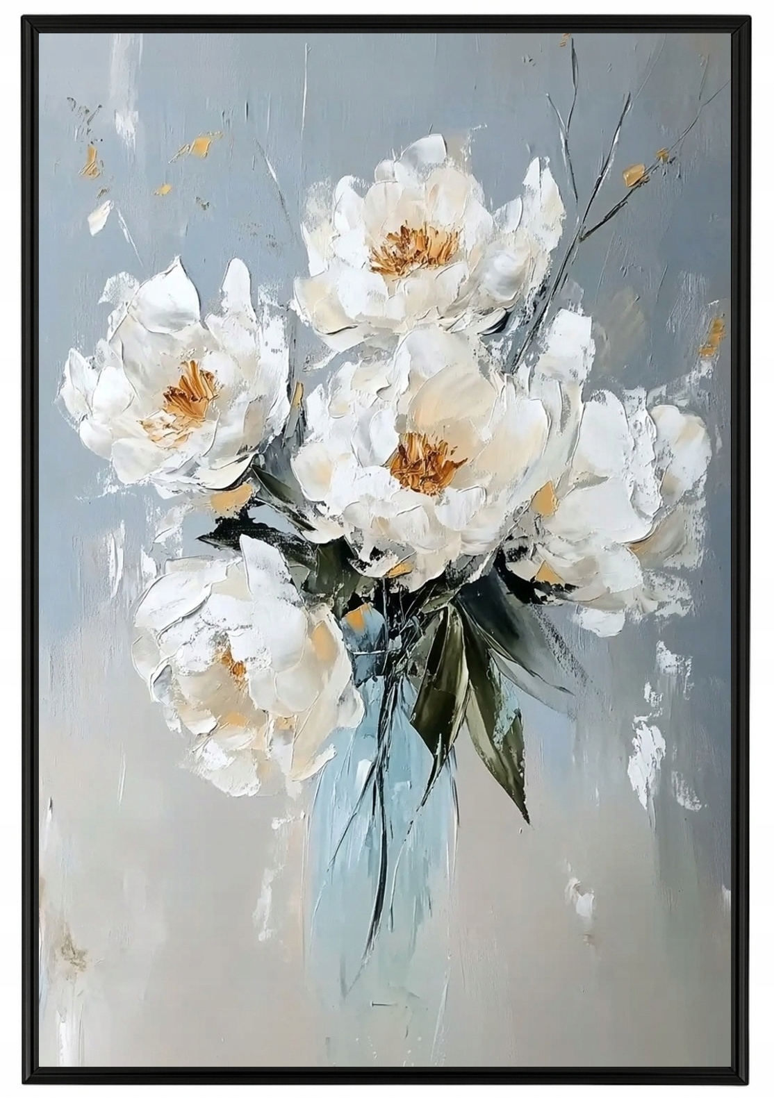 Plakát S Hliníkovým Rámeček , Olejový Nátěr, Impastové Květiny, Kytice Bílých Pivoňky 40x60