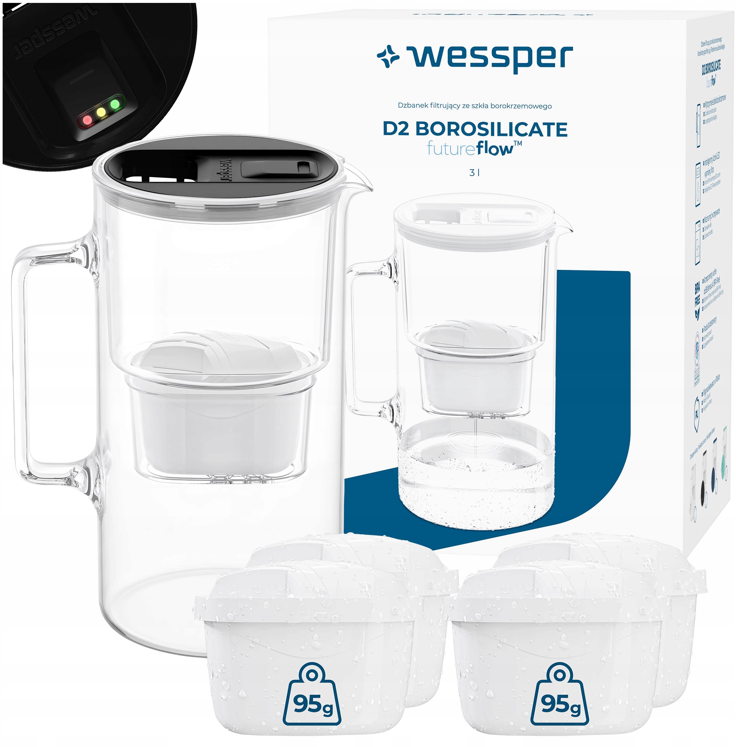 Skleněná filtrační konvice Wessper D2 Borosilicate 3 l futureflow 5 x filtr