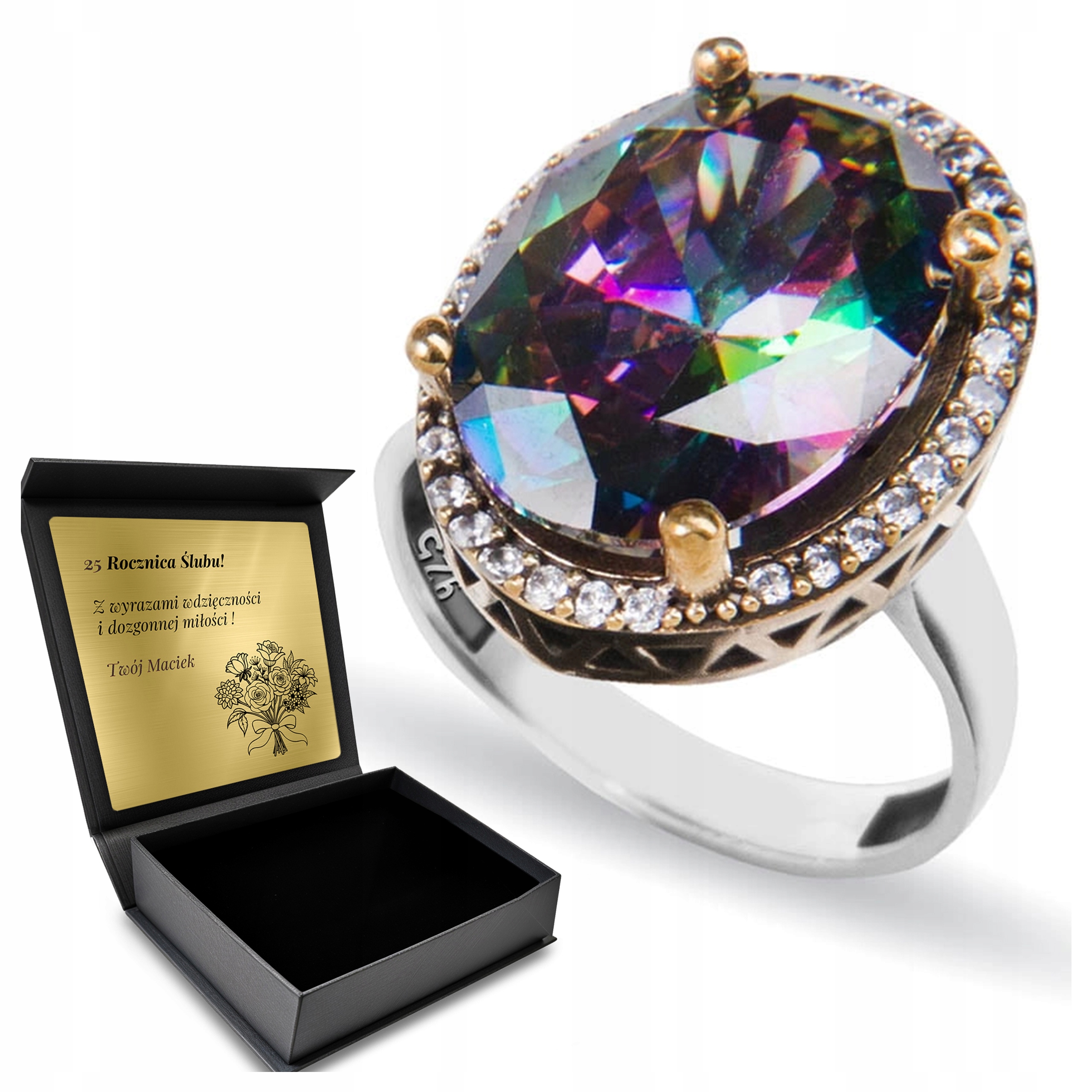 Prstýnek 925 S Topazovými Zirkony Dárek pro ženu Gravírování