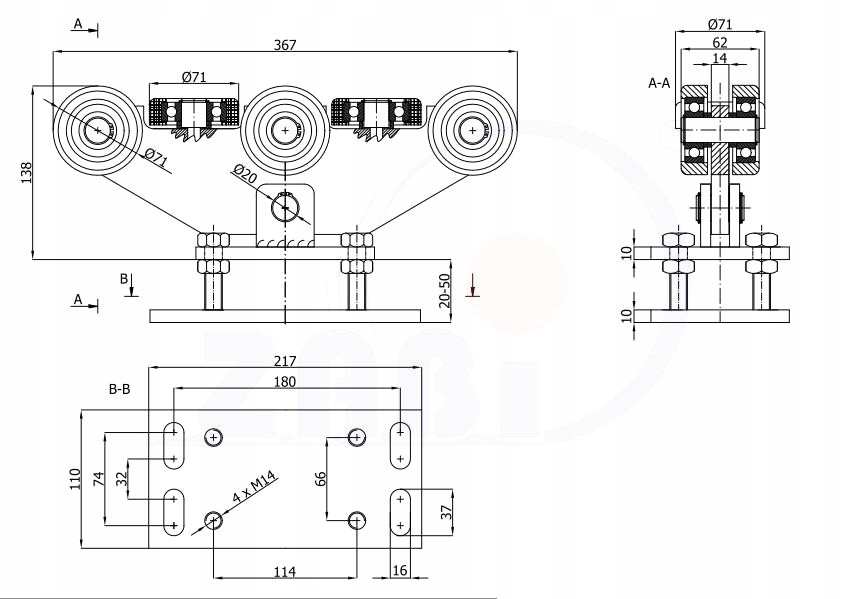 WÓZEK BRAMOWY 8 ROLKOWY DO 600 KG PROFIL 80X80X4 EAN (GTIN) 5903636557533