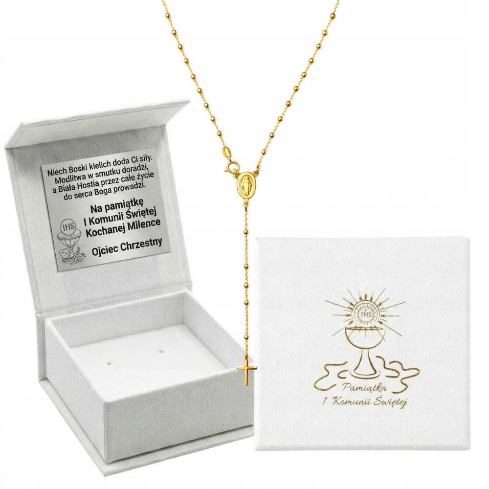 Zlatý Náhrdelník Růženec S Křížkem A Medailonkem Stříbro Gravírování Pro Svaté Přijímání