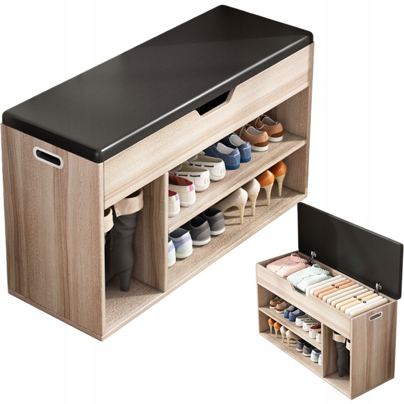 Botník Dřevěná S Sedákem, Úložný Prostor, 2 Police, Otevíratelná, Světlý Dub