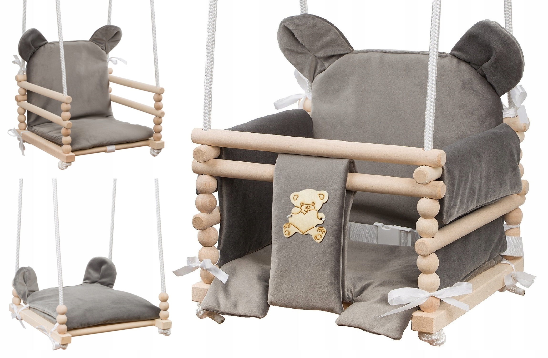 HUŚTAWKA DLA DZIECI DO DOMU I OGRODU TARAS 3W1 MOCNA DREWNIANA podusie miś