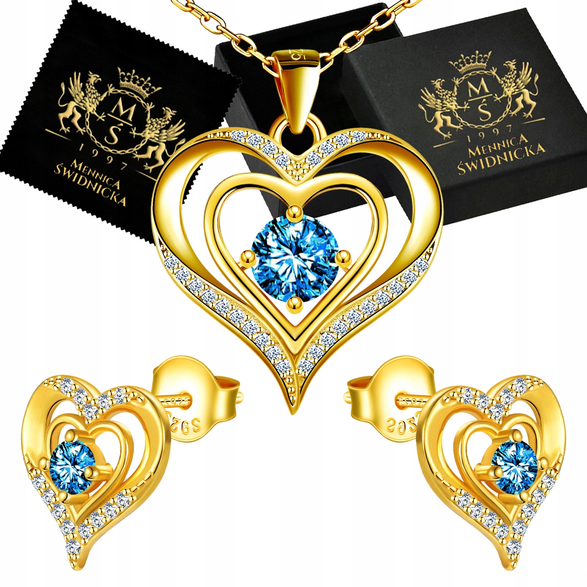 Sada šperků Zlaté Stříbro 925 Srdce Náušnice Náhrdelník jako Dárek