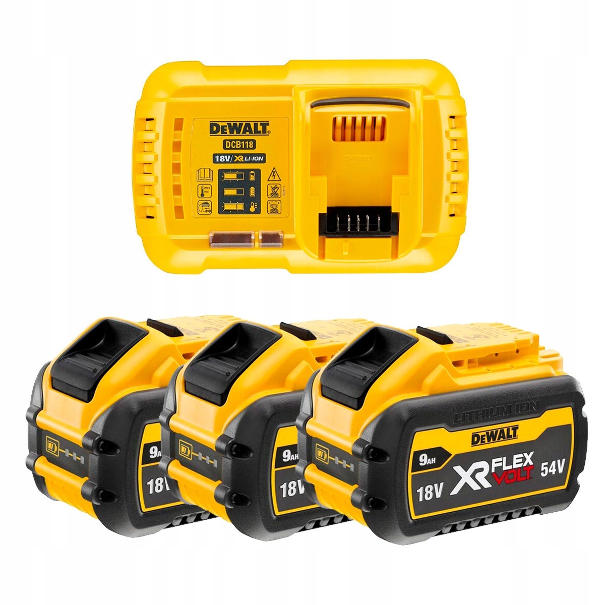 Sada Napájení 3 Baterií 54V 9,0AH Nabíječka Dewalt DCB118X3