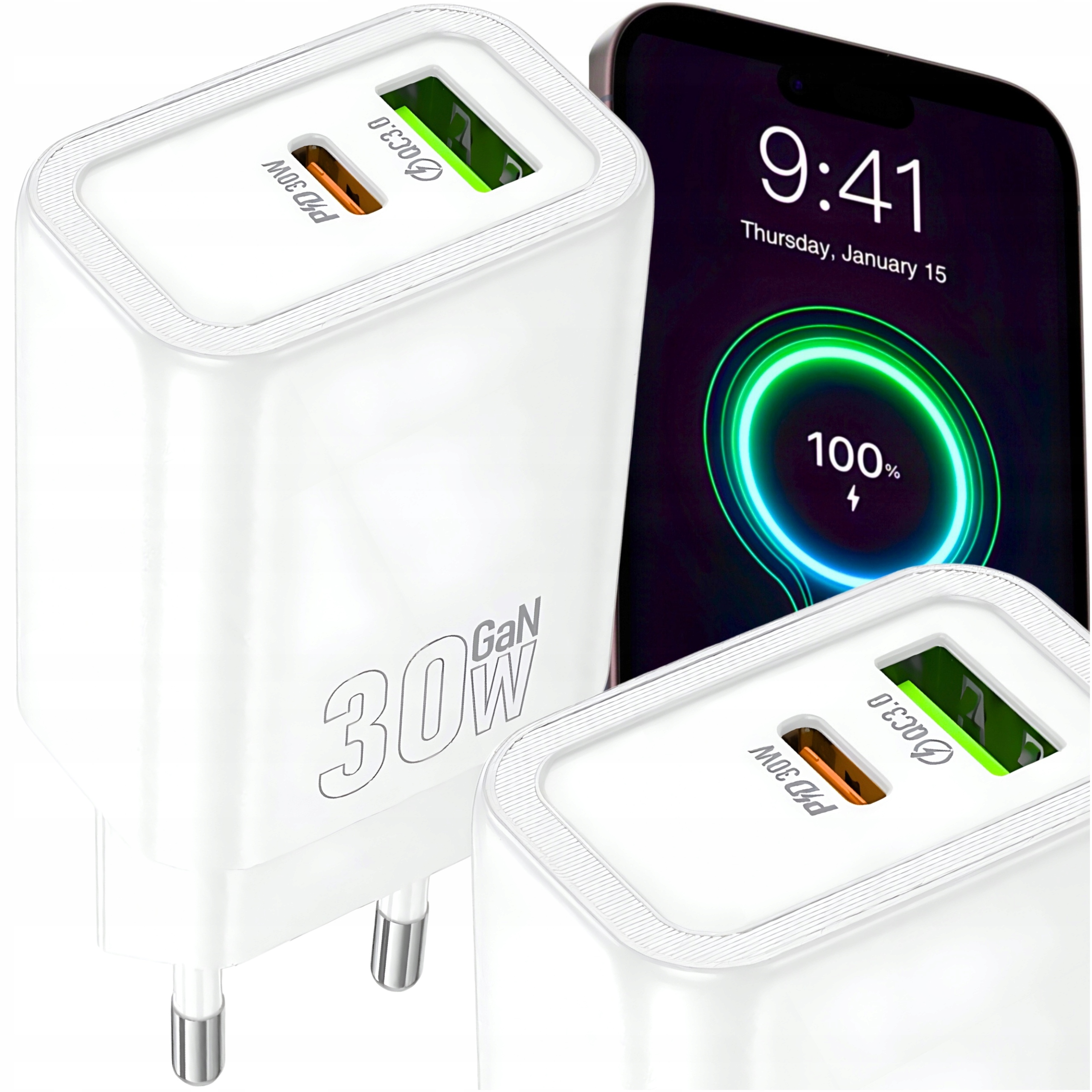 Szybka Ładowarka Sieciowa 30W GaN Qc 3.0 Usb Pd 3.0 Pps Usb-c Typu C Kostka