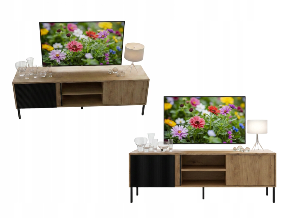 Komoda Rtv Lars JM06 150x50 cm Vysoké nohy Lamele Černá Dub věčný