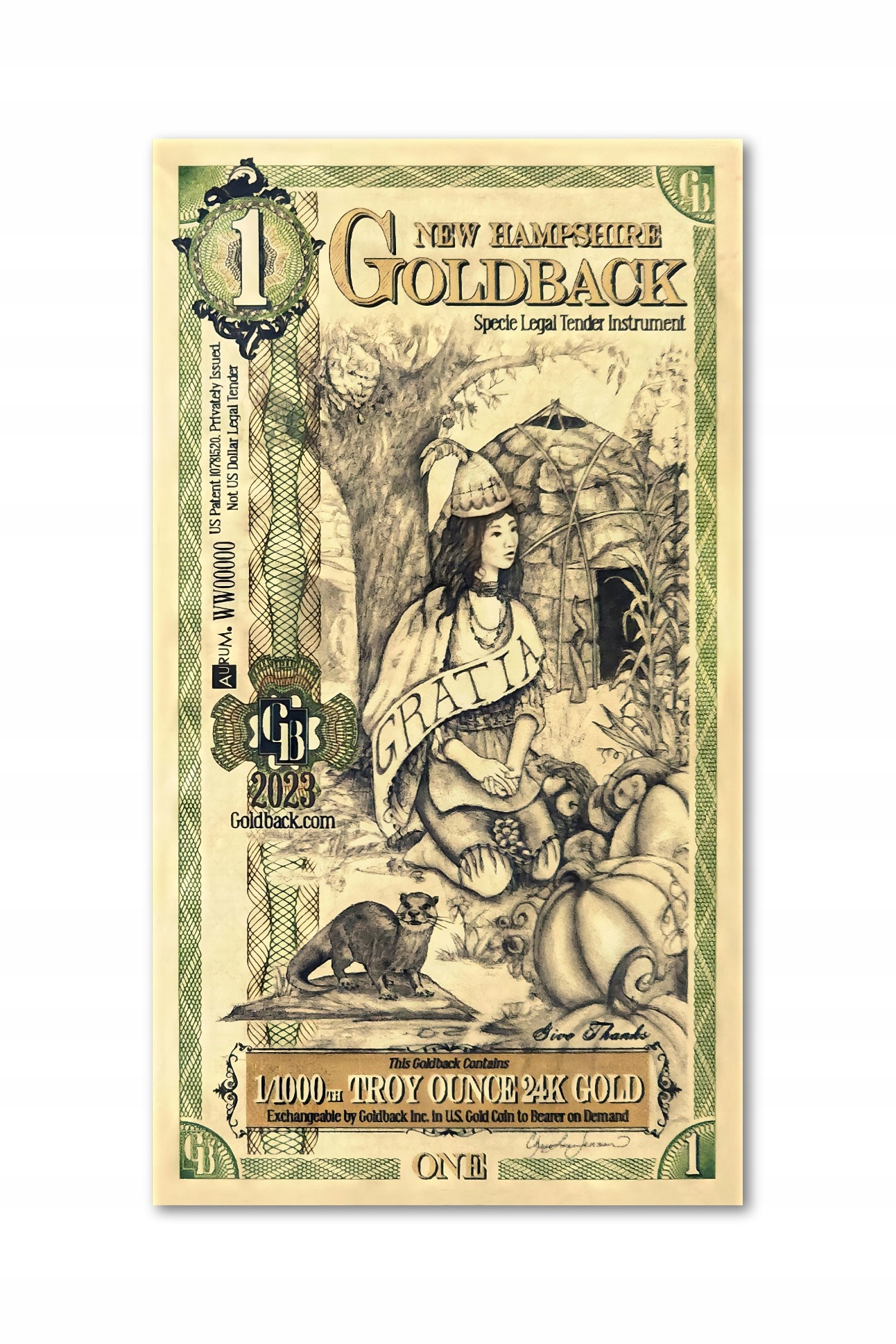 

Złoty Banknot 1 New Hampshire Goldback 1/1000 oz