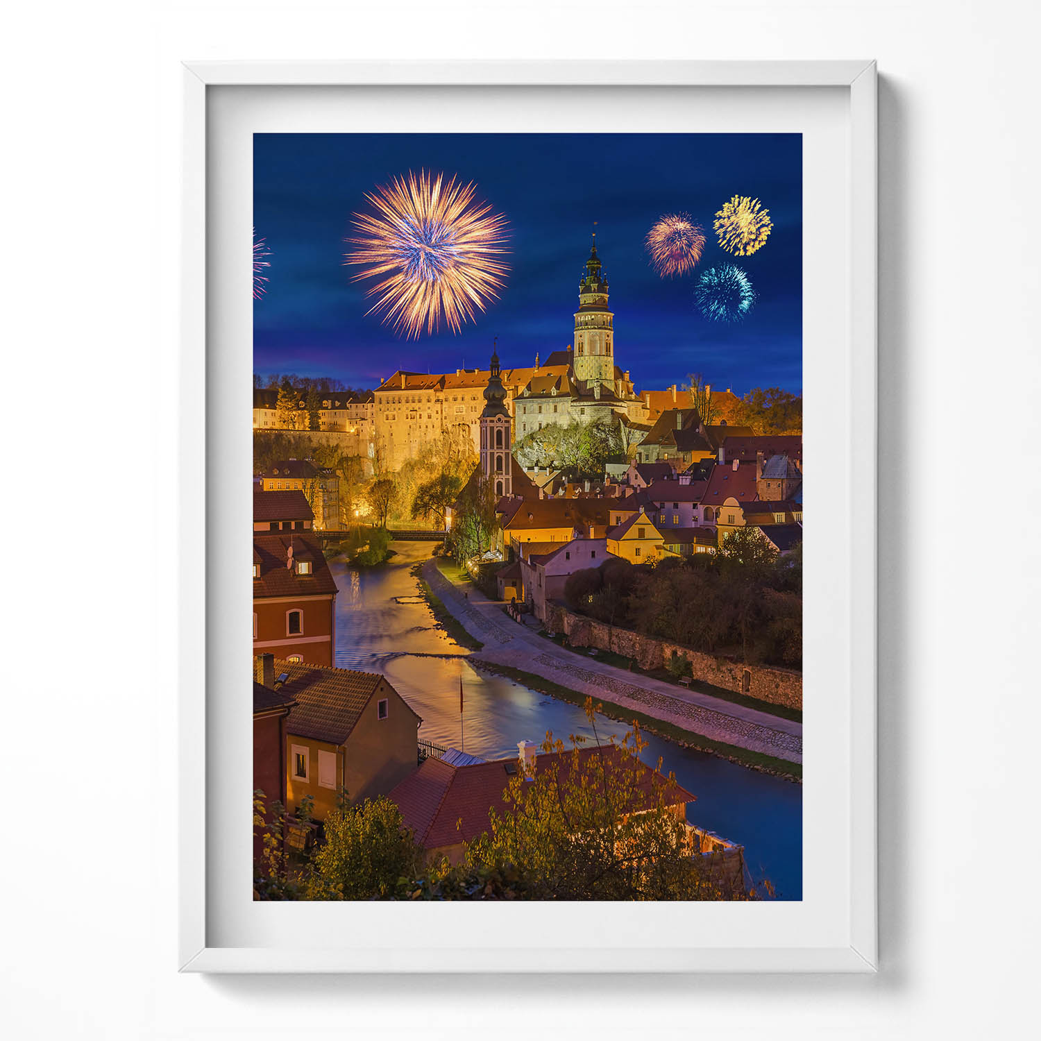 Dekorativní nástěnný obraz v rámu do obývacího pokoje Ohňostroj Krumlov Česká republika 60x80 cm