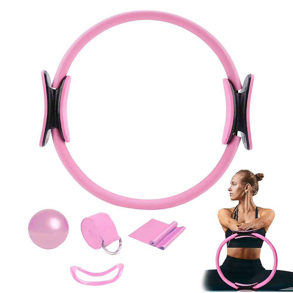 Pierścień do Pilatesu 5 szt. z taśmą oporową, gumą fitness, piłką, matą do jogi Różowy