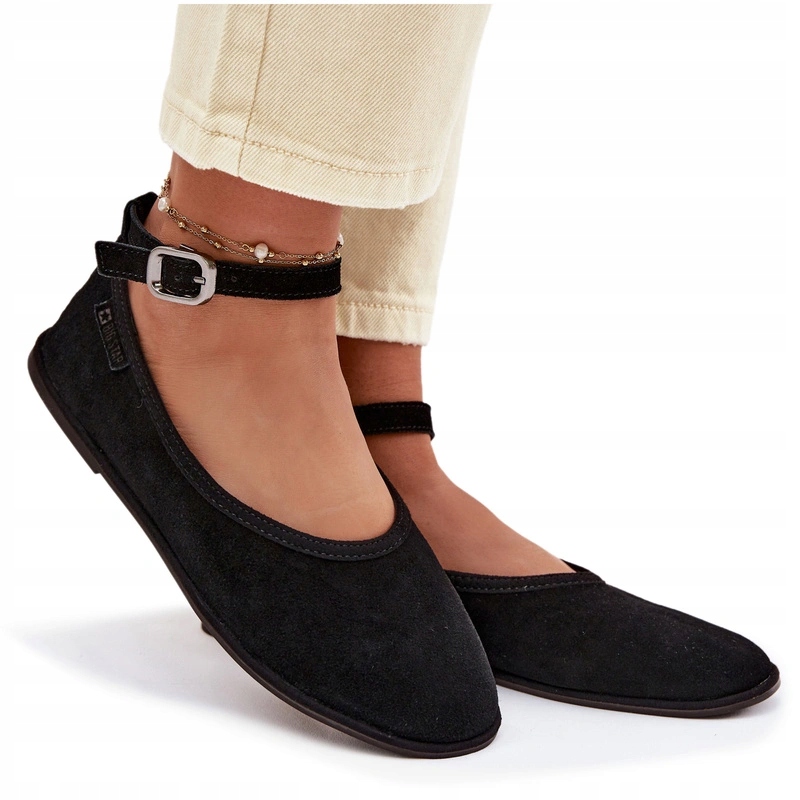 Baleríny Kůže Semiš Plochý Pásek Stříbrná Spona Big Star Černá 38