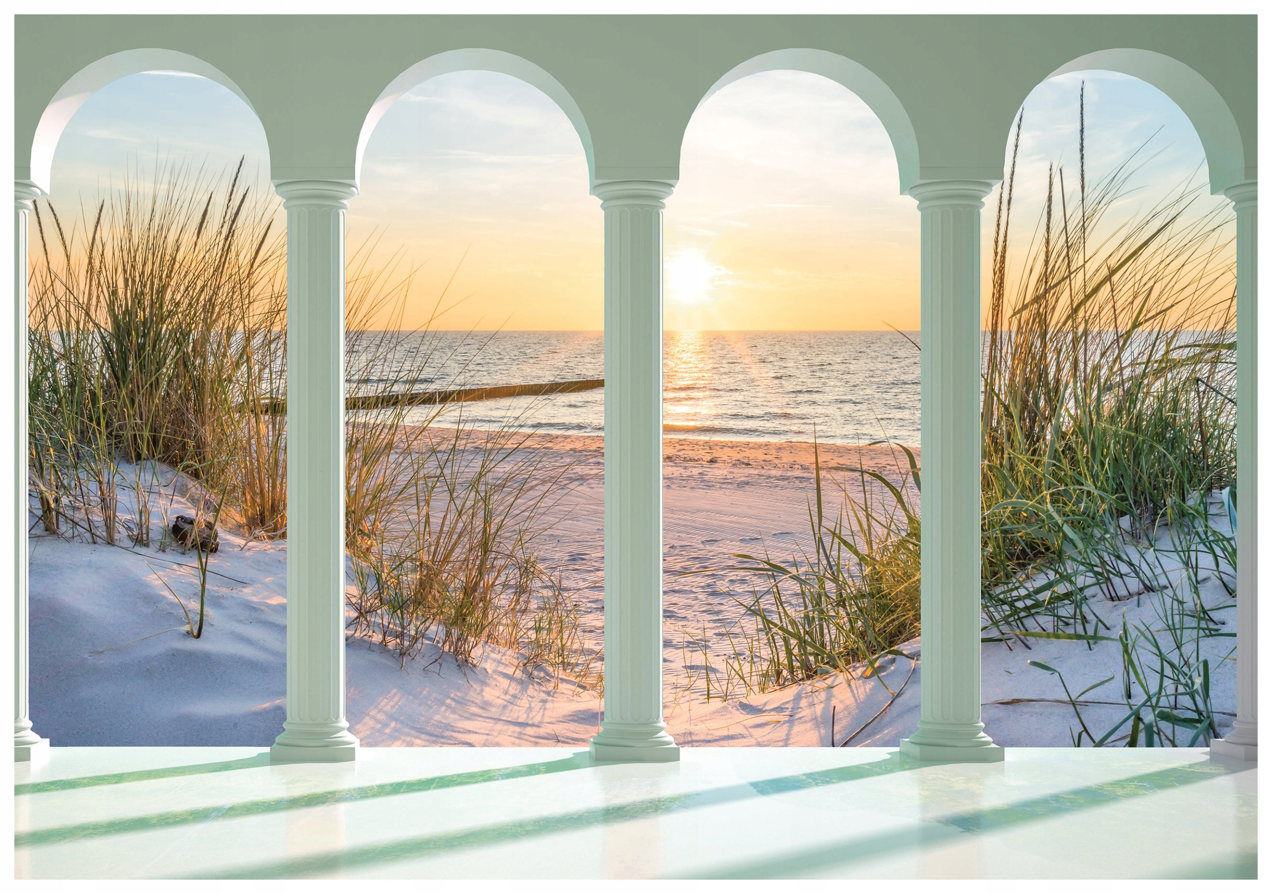 Fototapeta Západ slunce pláž sloupy moře pastelové 312x219 lepidlo