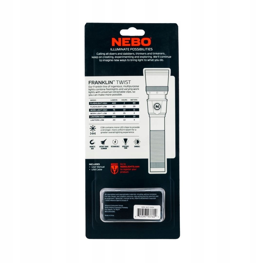 Latarka FRANKLIN TWIST RC NEBO NEB-WLT-0024-G Waga produktu z opakowaniem jednostkowym 1 kg