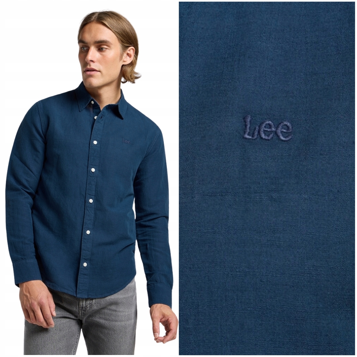 Lee Patch Shirt Orion Blue lněná modrá pánská košile s malým logem L