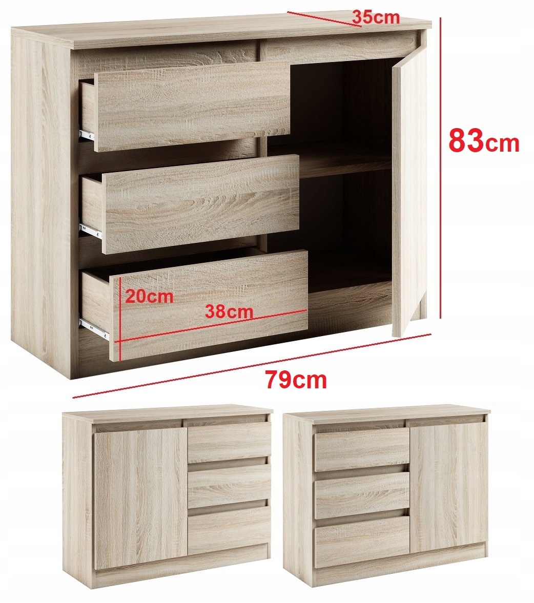010-055 KOMODA B1d3s/79cm - CZARNY / WOTAN / WOTAN Kolor mebla czarny