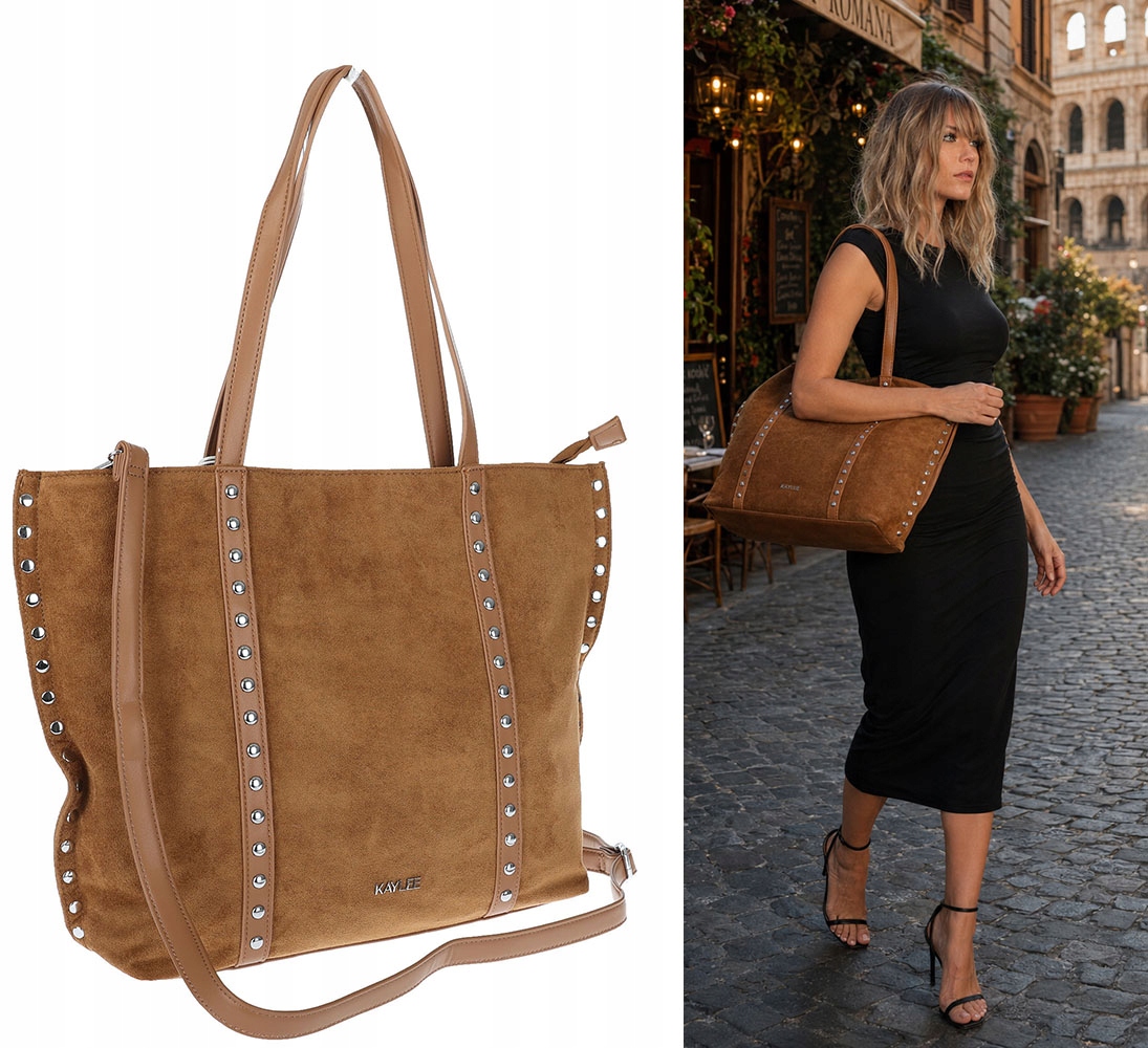 Dámská shopper semišová kabelka s nýty, módní kabelka přes rameno KJ1136 Hnědá