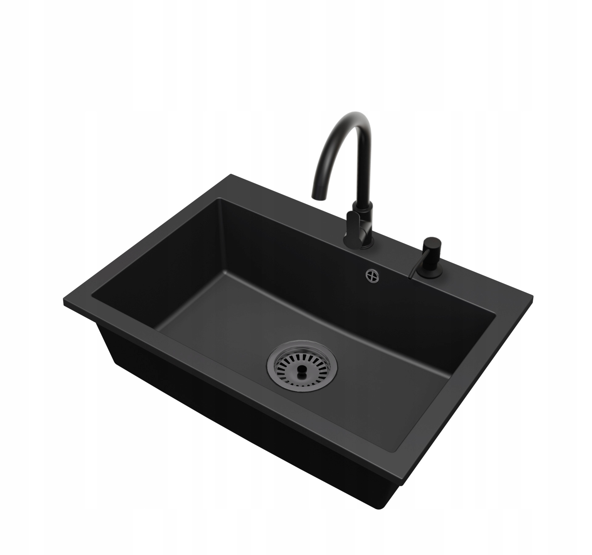 Granitový dřez Jednokomorový Elite 70 Baterie Dávkovač Sifon Černý