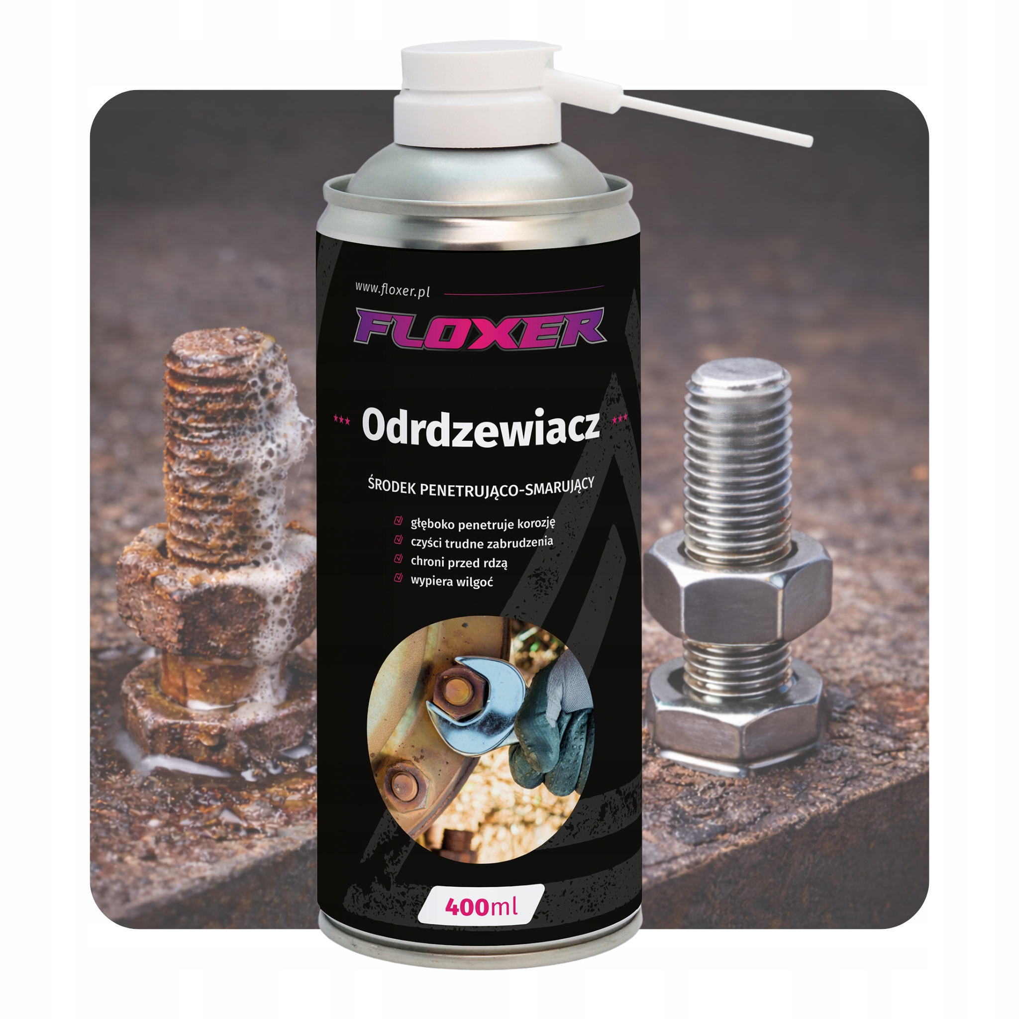 Odrdzewiacz środek na rdze do metalu śrub w sprayu ze Smarem 400ml Floxer