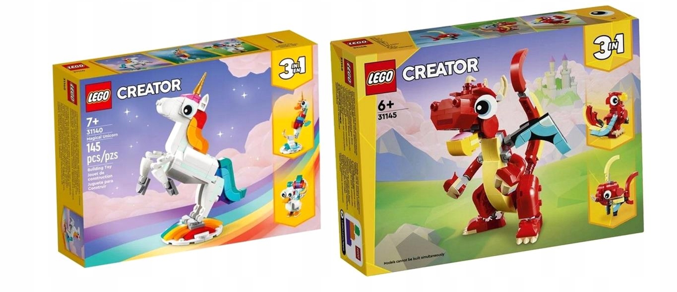 Sada Dárek Lego Creator 3V1 Kouzelný Jednorožec 31140+ČERVENÝ Drak 31145