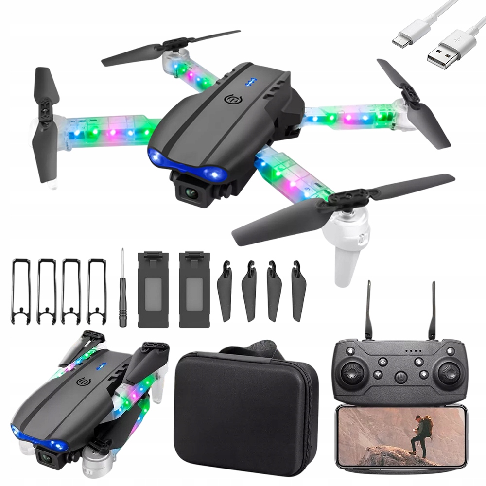DRON E99D 2x KAMERA ZAWIS Z LED OŚWIETLENIEM 100M WIFI + WALIZKA PILOT 2AKU