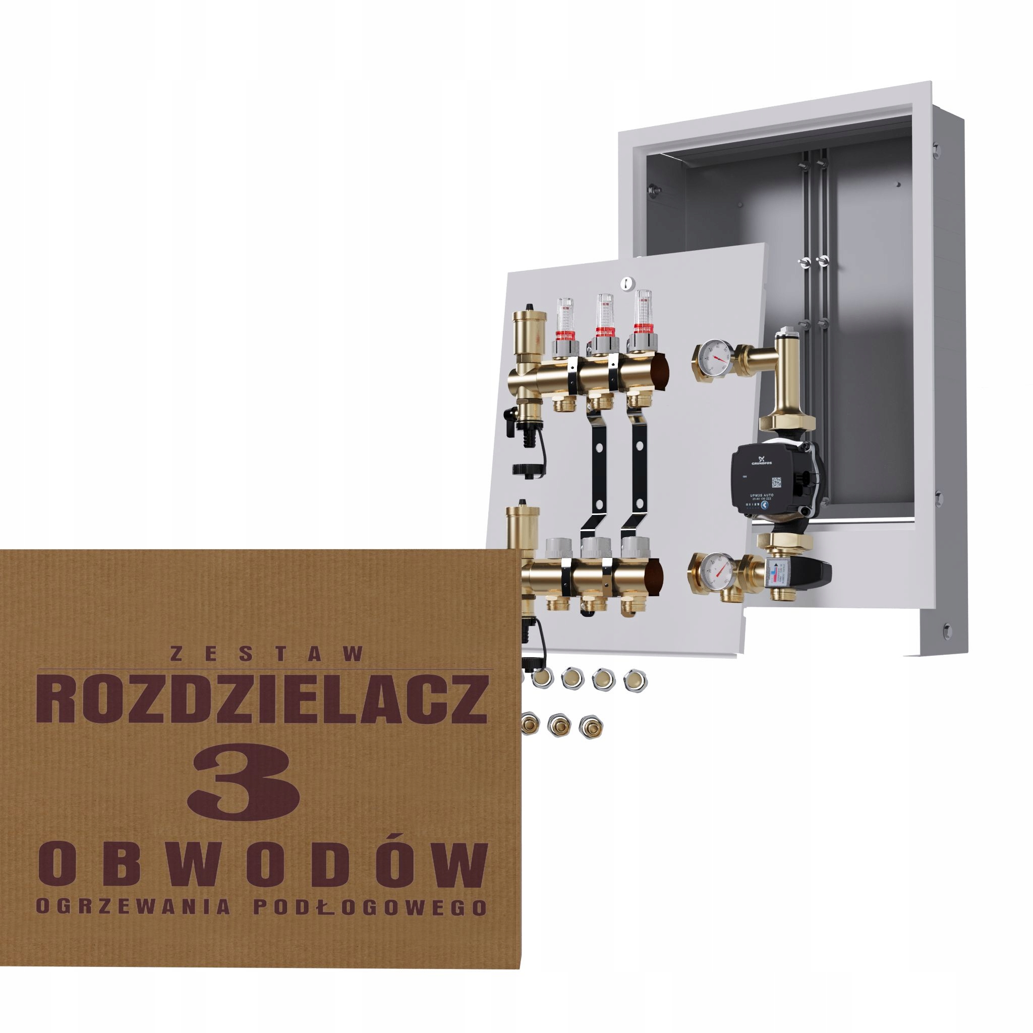 Rozdělovač pro podlahovku 3 čerpadla Grundfos podomítkový box Pex