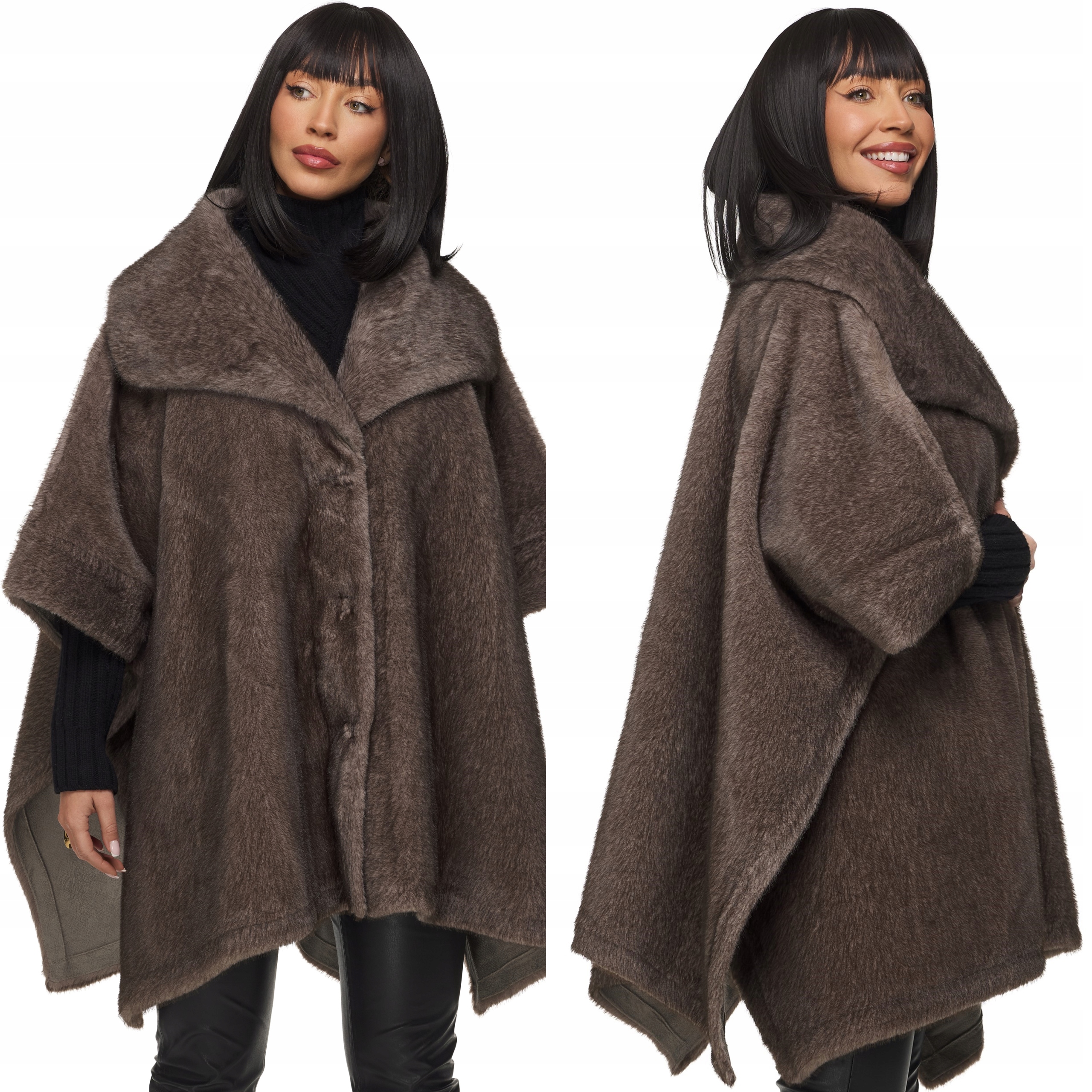 Dámské zimní pončo kabát s kožešina bunda pláštěnka bolerko přehoz béžové