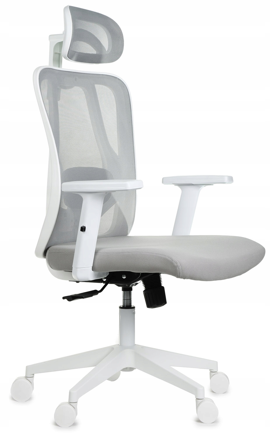 Pohodlná sivá biela kancelárska stolička FXB002 s nastaviteľnými opierkami rúk a opierkou hlavy