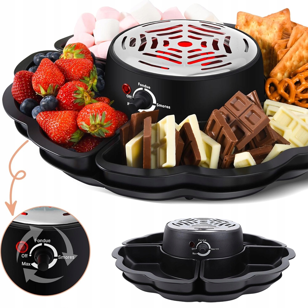 Elektrické fondue 280 W se 4 tácky na ovoce a pěny, Dárek, černé