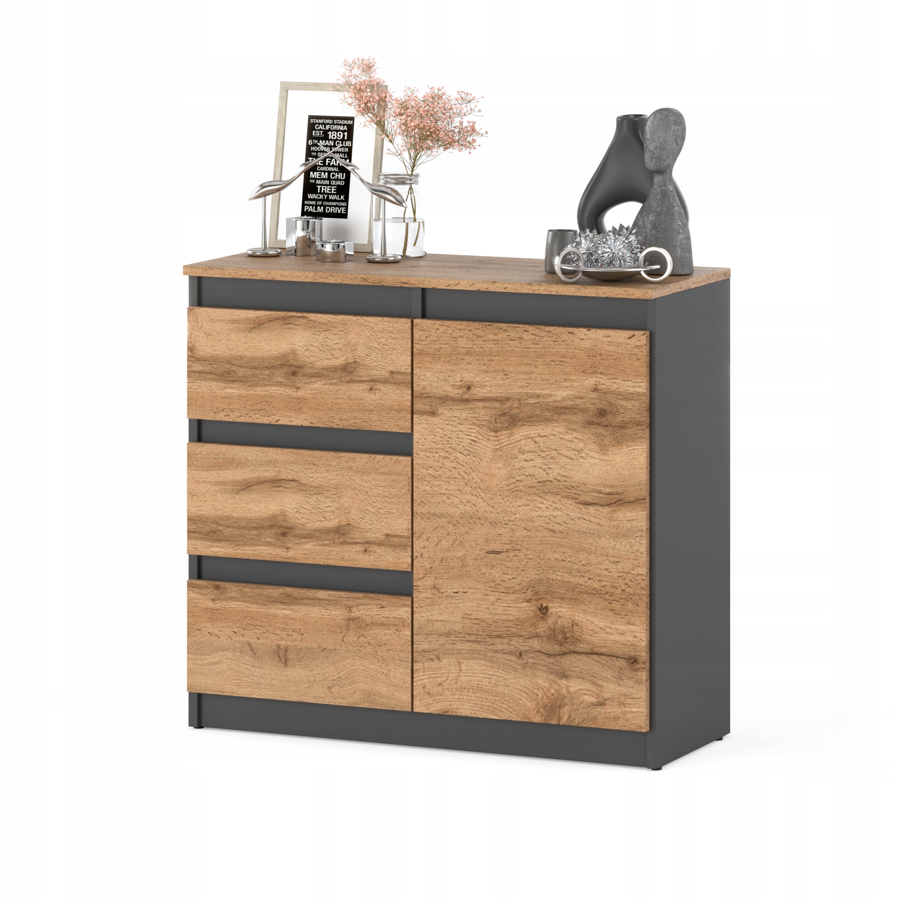 Komoda LUX 80CM ANTRACYT/DĄB WOTAN Pojemna Szafka 3 Szuflady MIX KOLORÓW Kolekcja Komoda bezuchwytowa