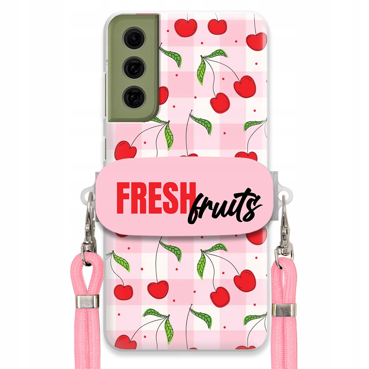 Puzdro pre Samsung S21 Fe Case držiak na šnúrku Ružový Fresh Fruits Mriežka