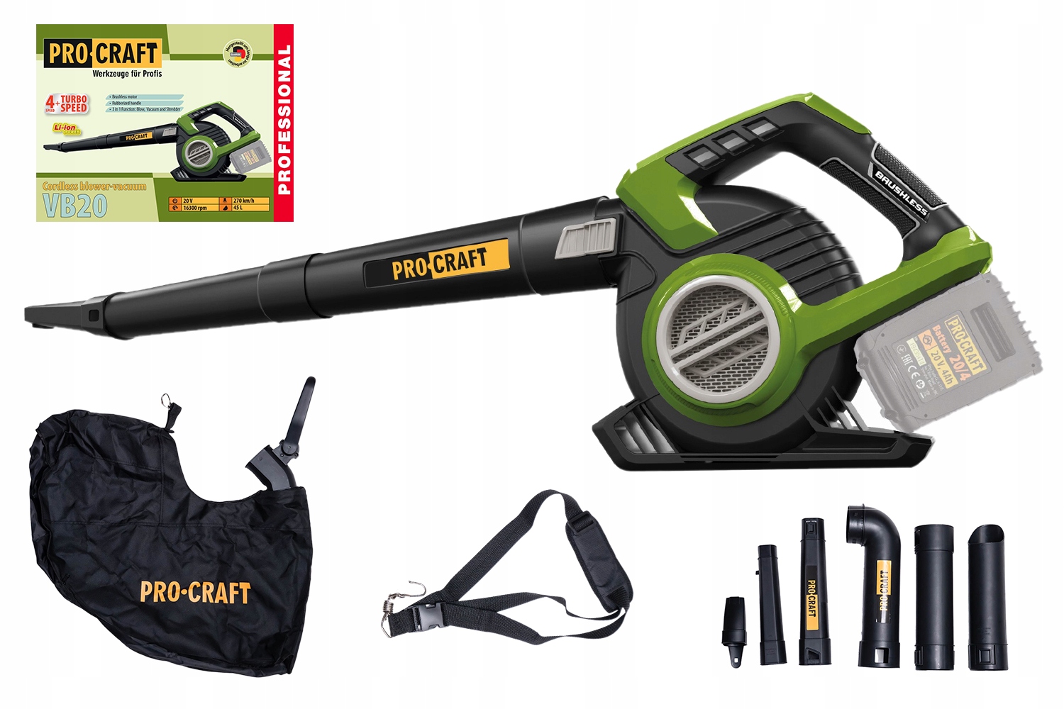 Procraft VB20 Vysávač Na Listy Akumulátorový 40V (2x20V) 2,4KG