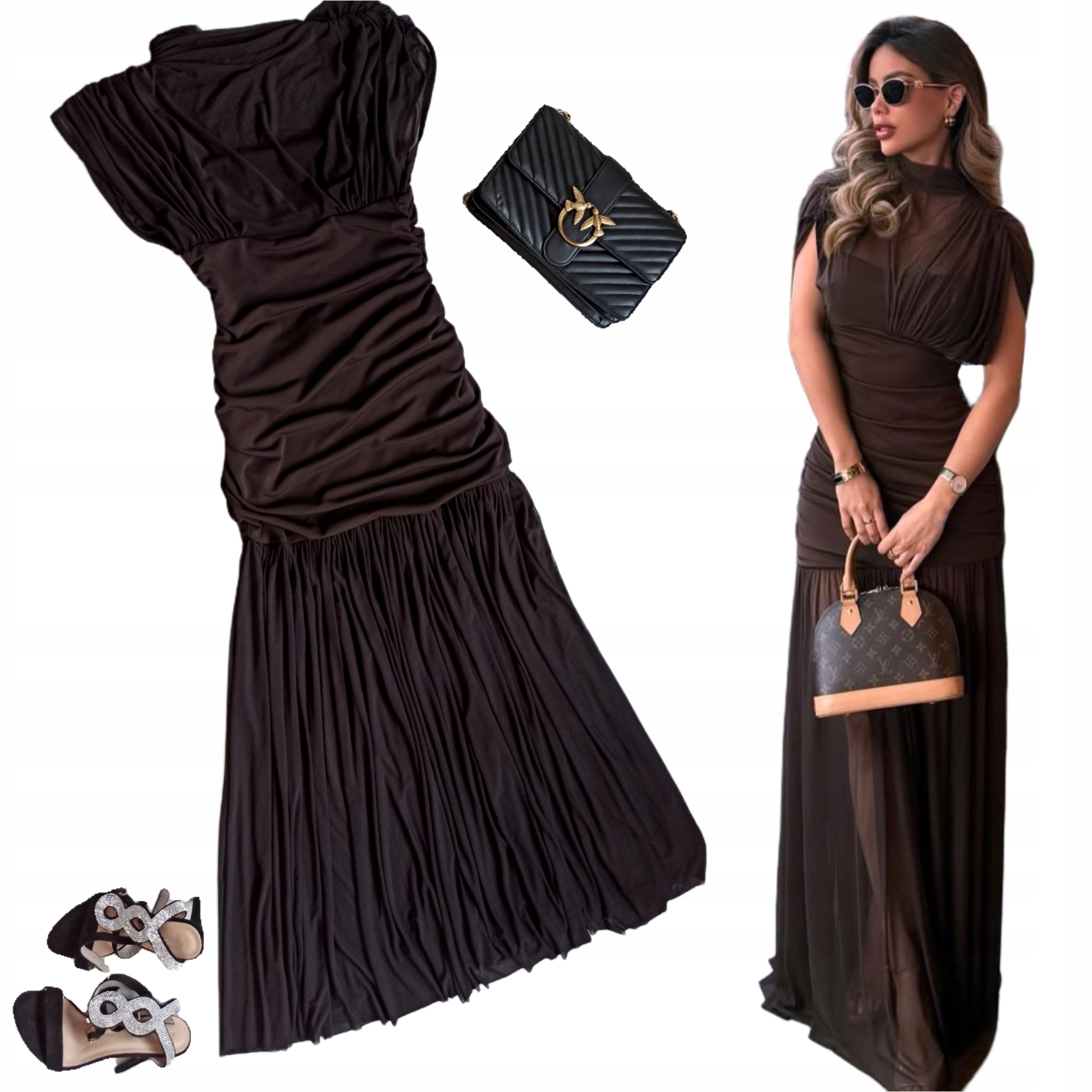 Zara sukienka s 36 czekoladowa brązowa długa tiulowa