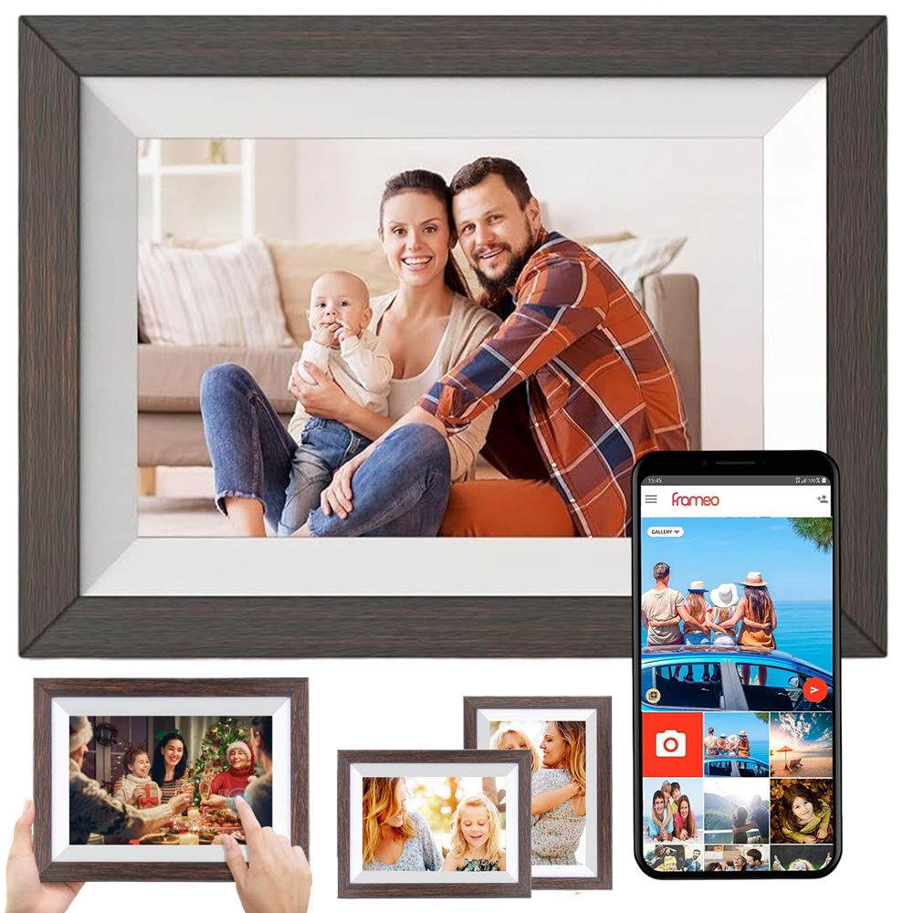 Rámeček Digitální Dřevo 10.1" Na Fotografie Fotorámeček Wifi Hd Dotykový Panel