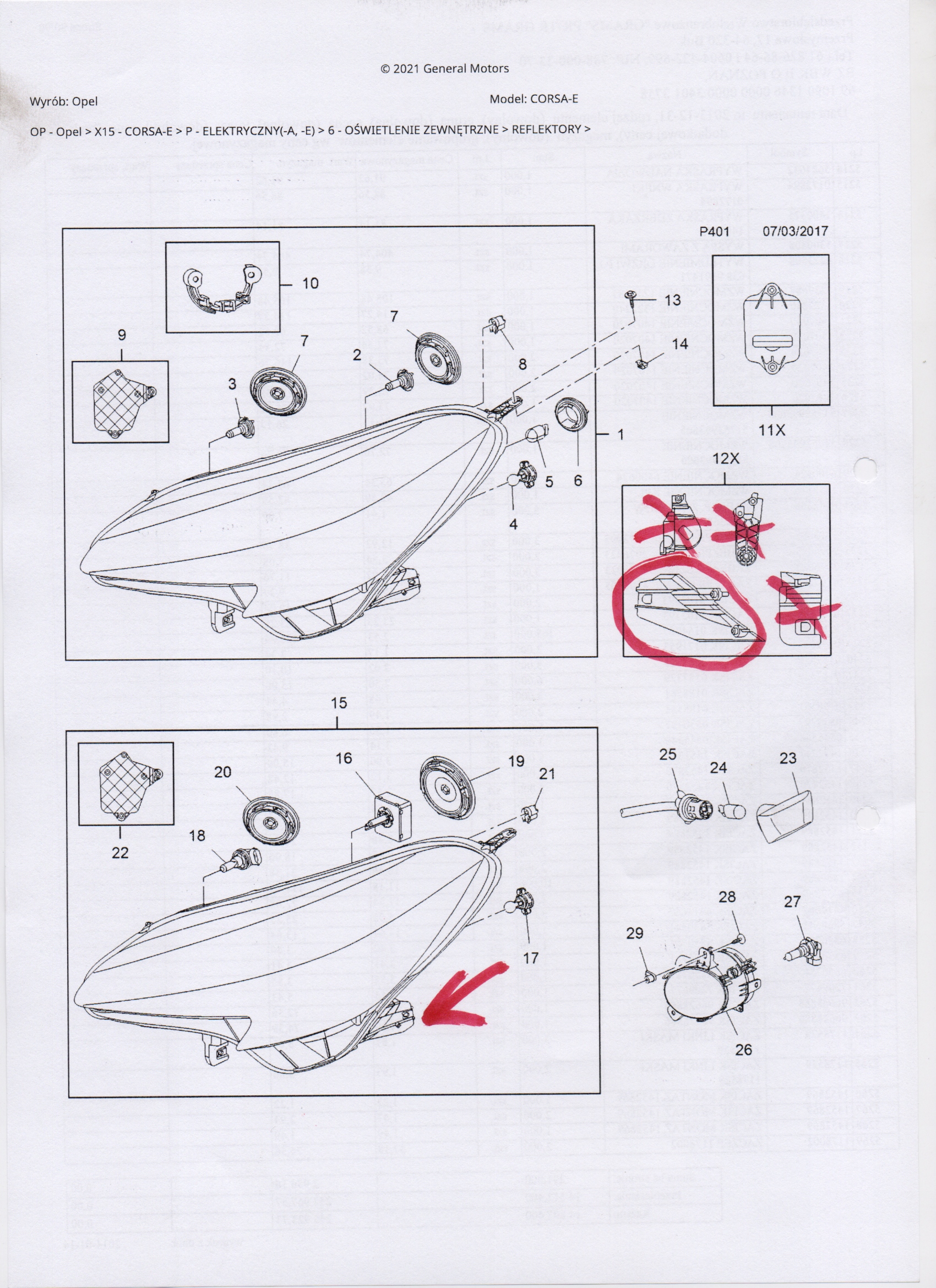 OPEL CORSA E ZESTAW NAPRAWCZY REFLEKTORA LEWE Producent części Opel OE
