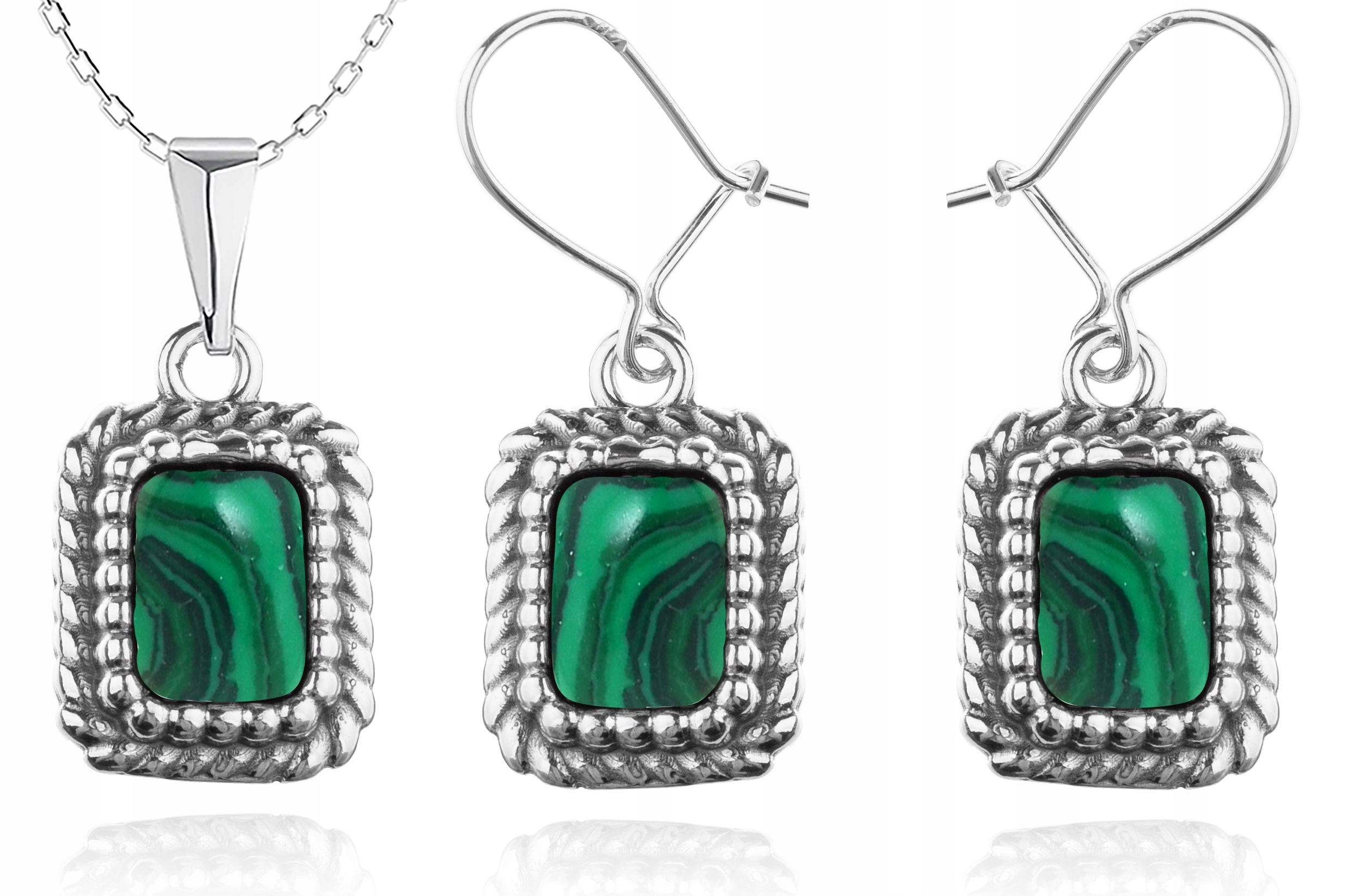 

Komplet Srebrnej Biżuterii Z Malachitami pr.925