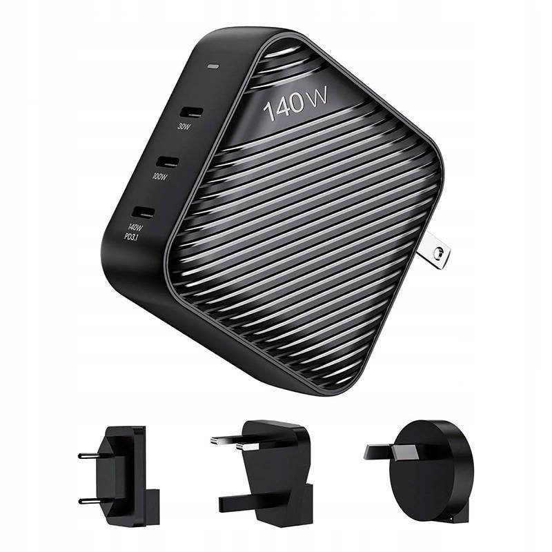 Síťová nabíječka Invzi GanHub 3x Usb-c, 140 W, Eu/uk/au/us (černá)