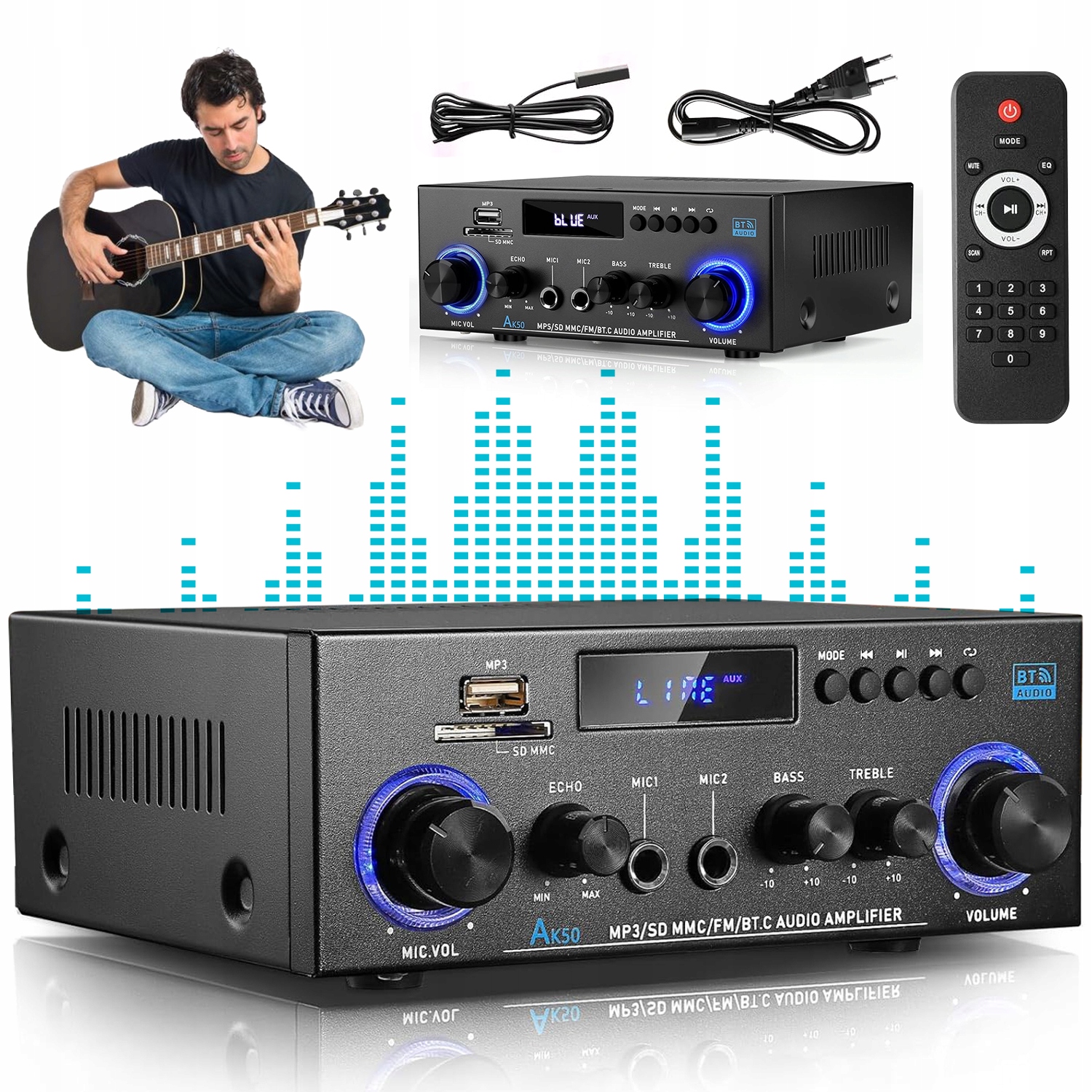 WZMACNIACZ KARAOKE HIFI 800W USB SD BT DUŻA MOC AK-50 WZMACNIACZ BLUETOOTH