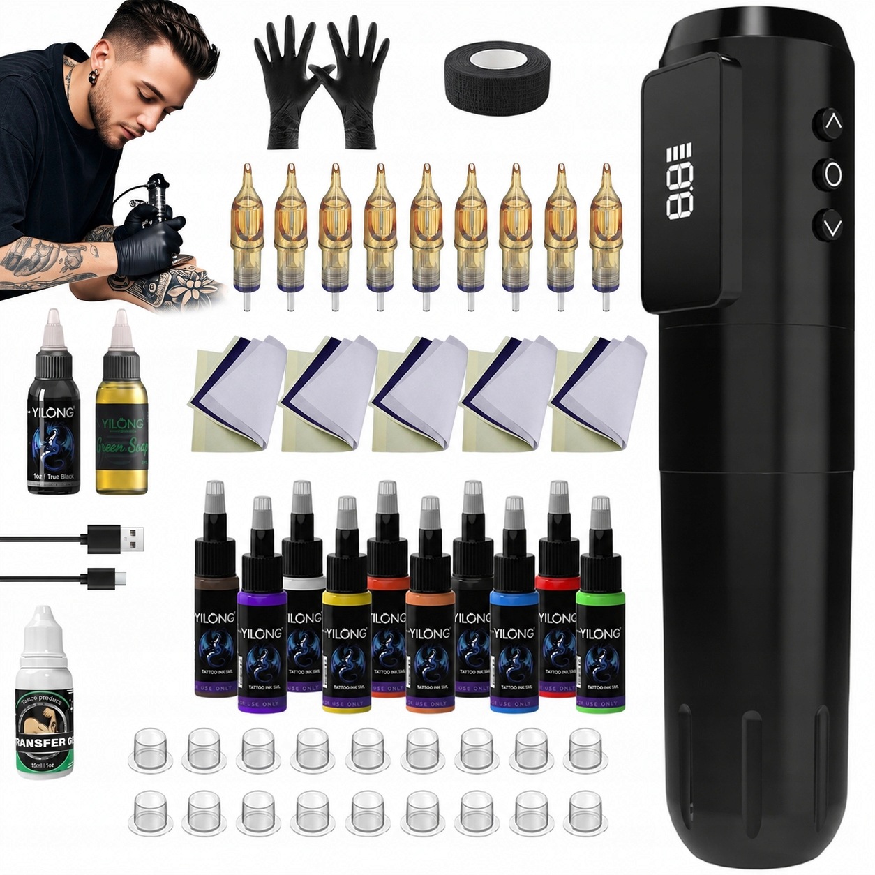 Bezdrátový Na Tetování Strojek Pen Sada 1600 Mah 10 Jehel 10 Barev
